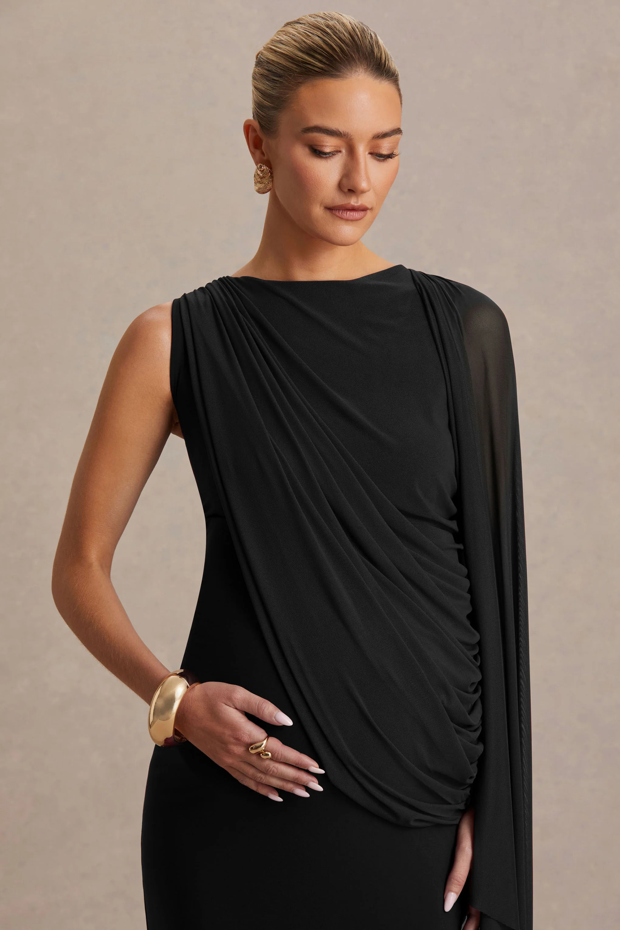 Cristina | Black High-Neck Maternity Maxi Dress With Cape-Sleeve - Image 6