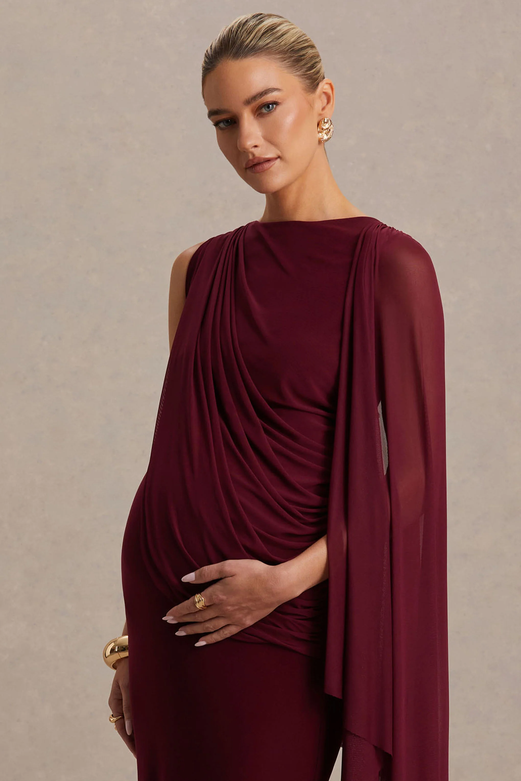 Cristina | Burgundy Slashed-Neck Maternity Maxi Dress With Cape-Sleeve - Image 6