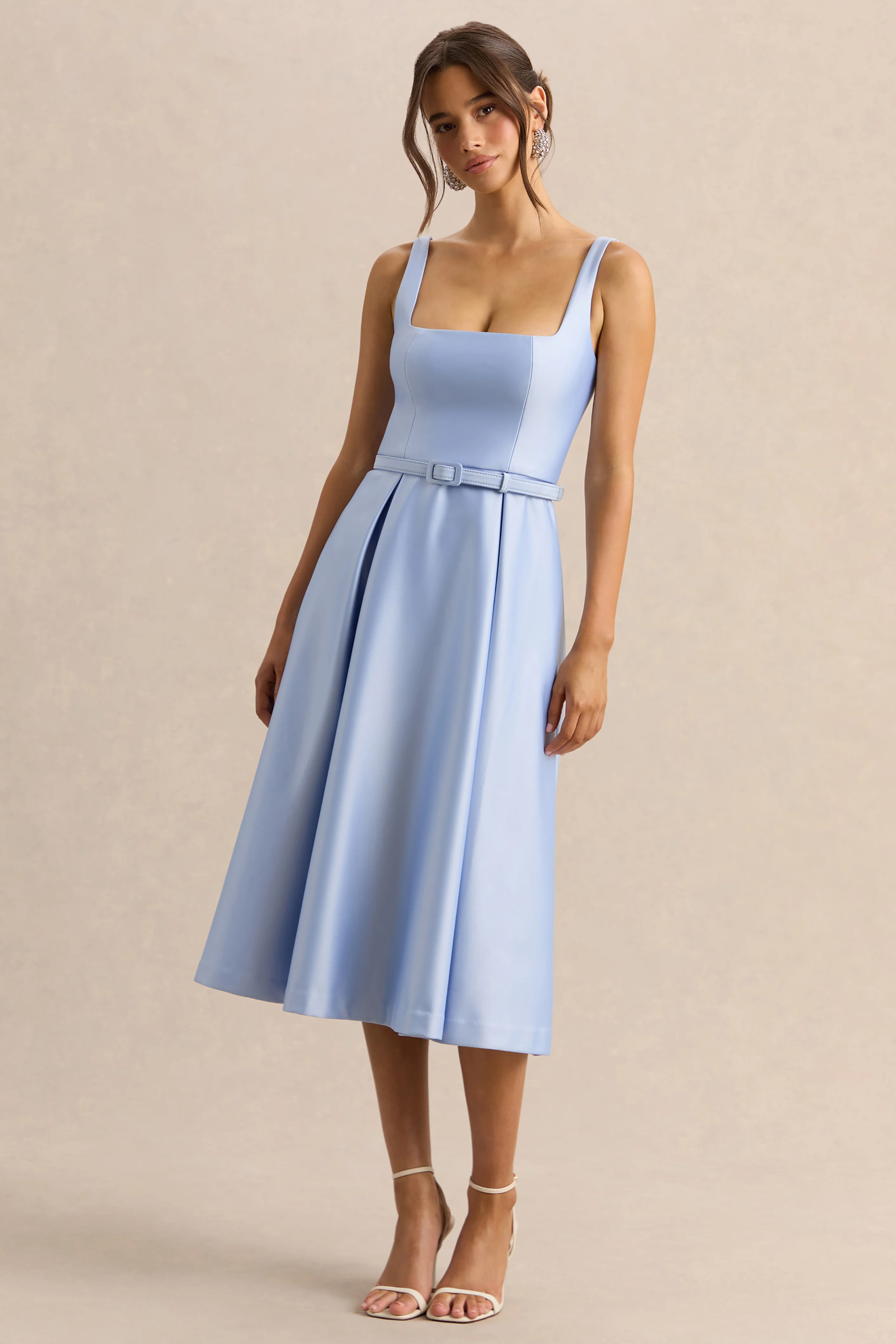 Crystaline | Powder Blue Satin Square-Neck Midi Dress - Image 5