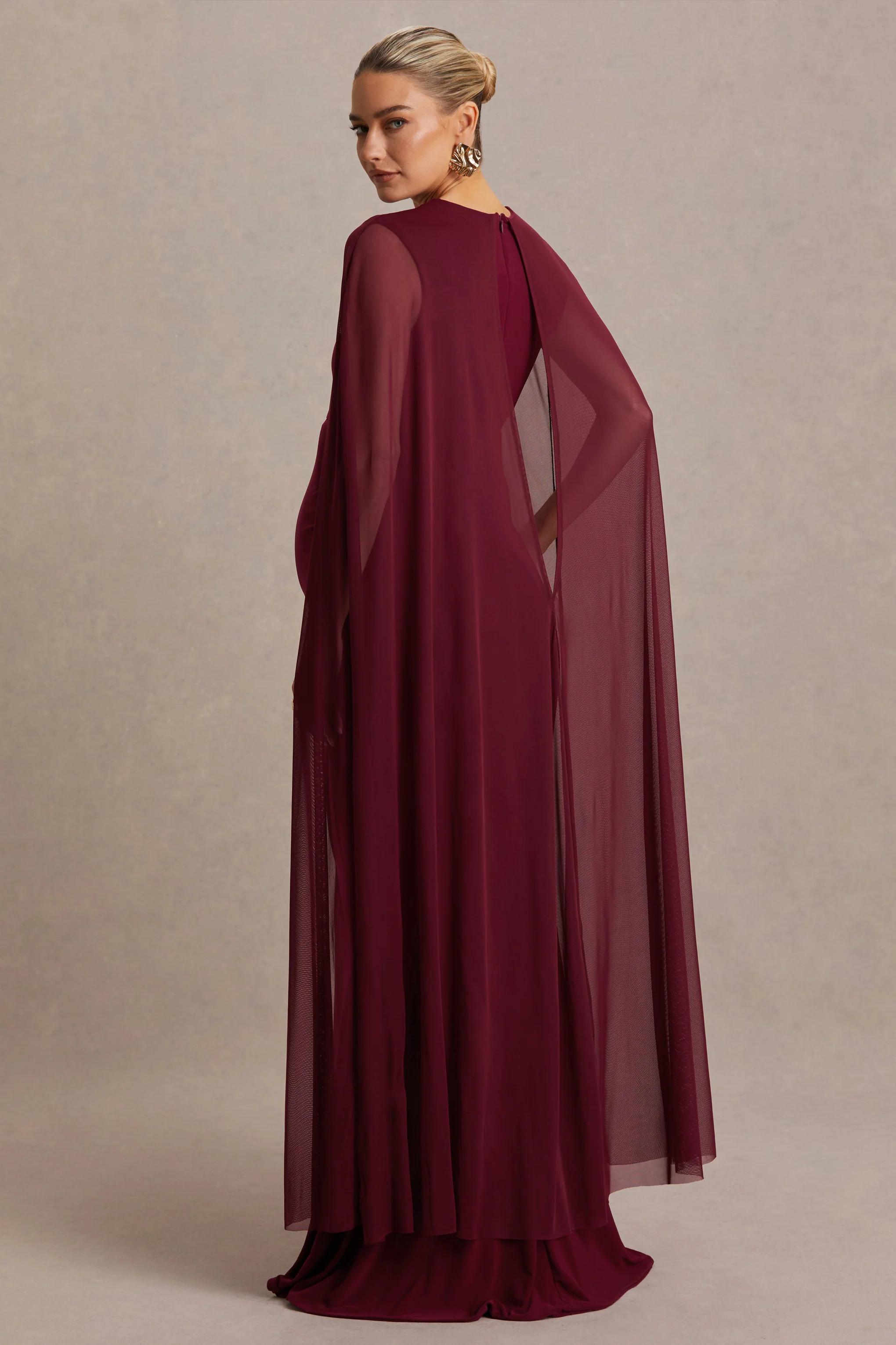 Currant | Berry High-Neck Maternity Maxi Dress With Cape - Image 2