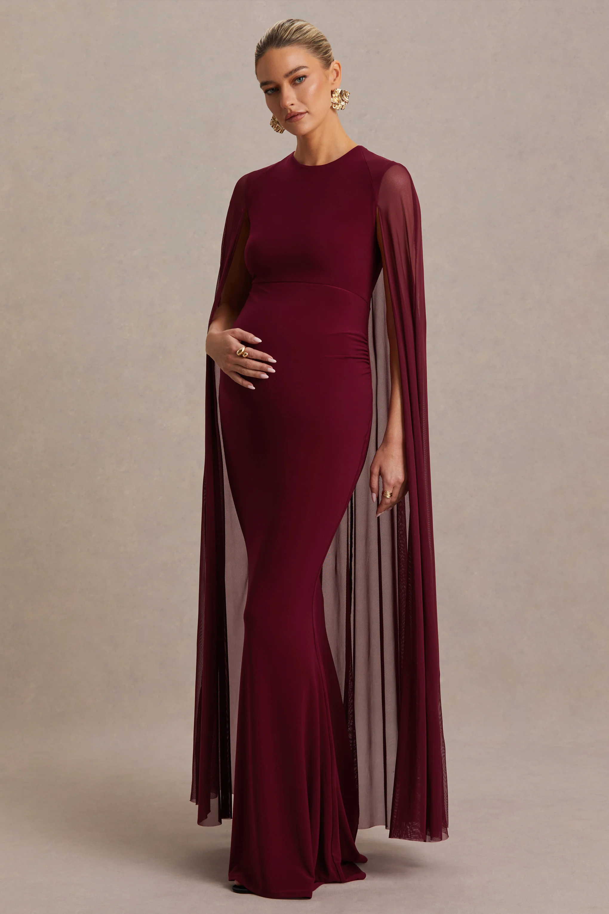 Currant | Berry High-Neck Maternity Maxi Dress With Cape - Image 5