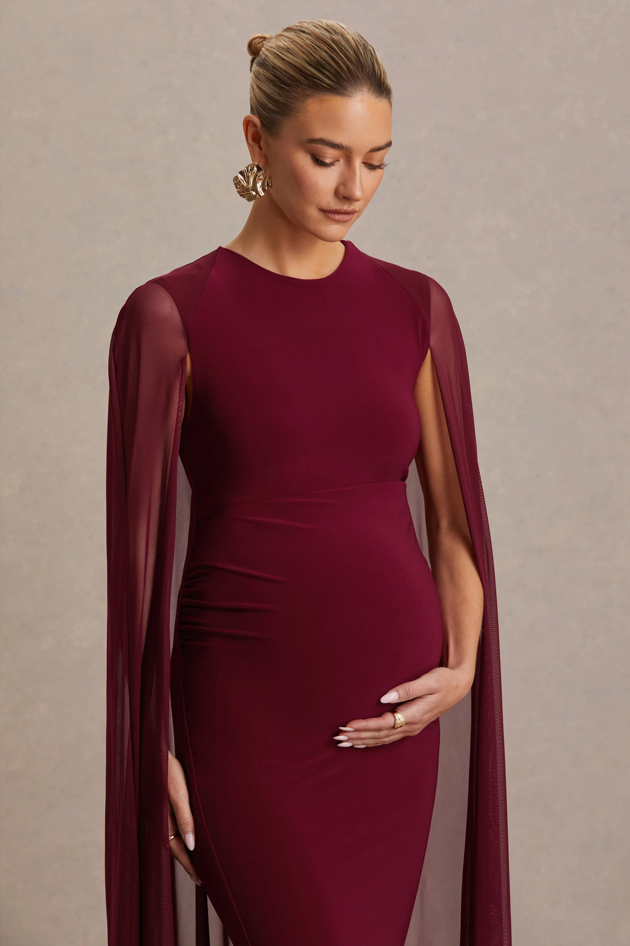 Currant | Berry High-Neck Maternity Maxi Dress With Cape - Image 6