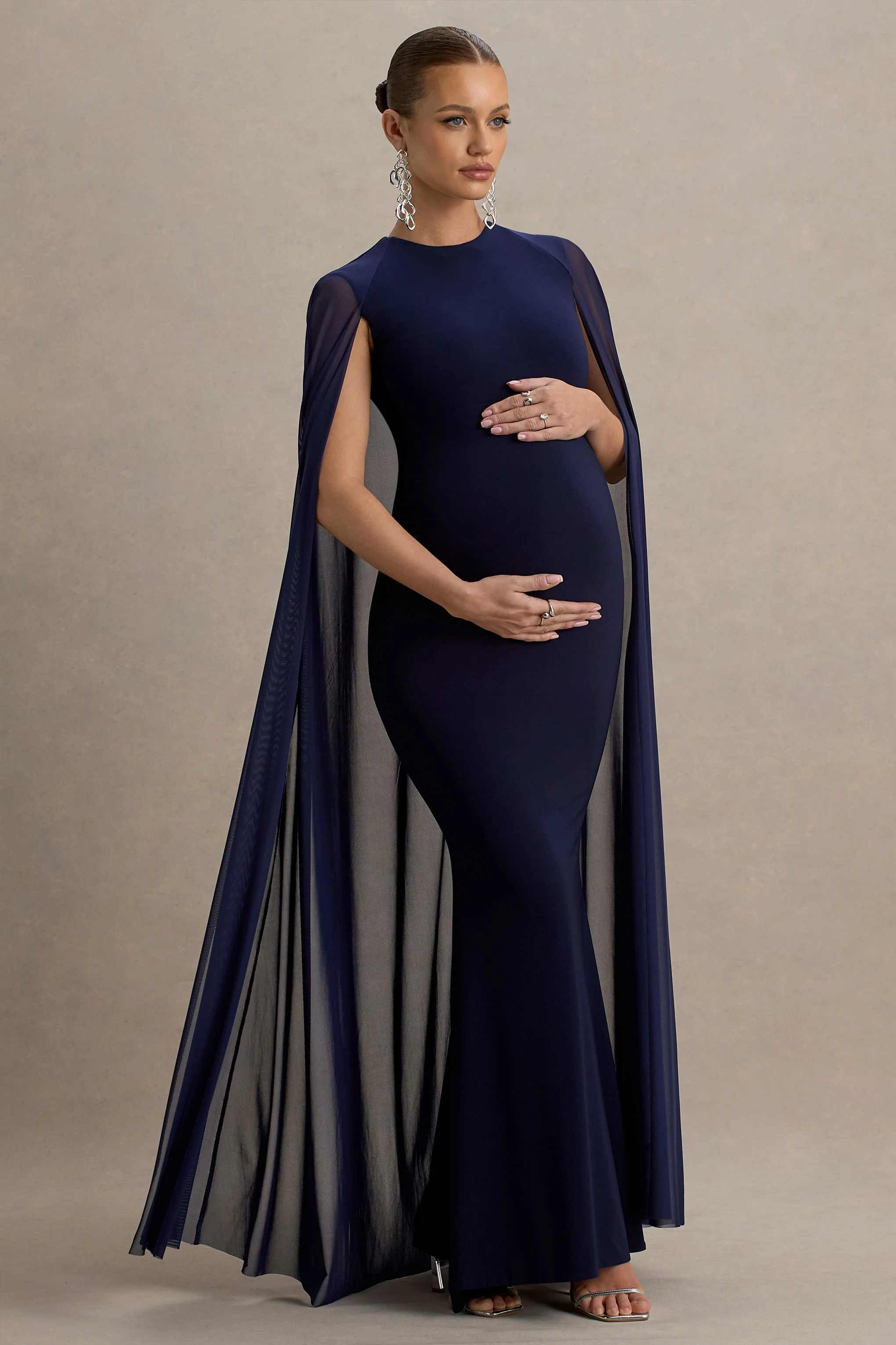 Currant | Navy Crew-Neck Maternity Maxi Dress With Cape - Image 4