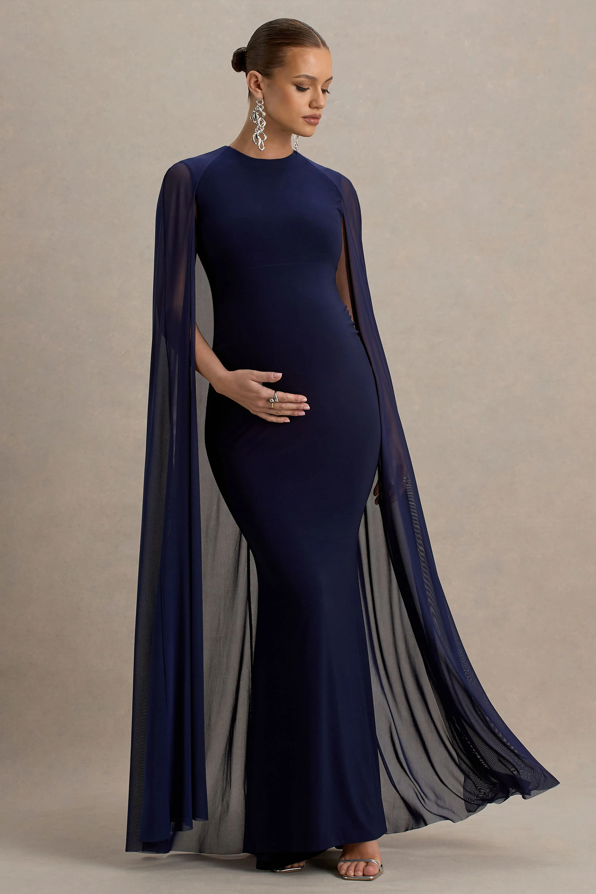 Currant | Navy Crew-Neck Maternity Maxi Dress With Cape - Image 5