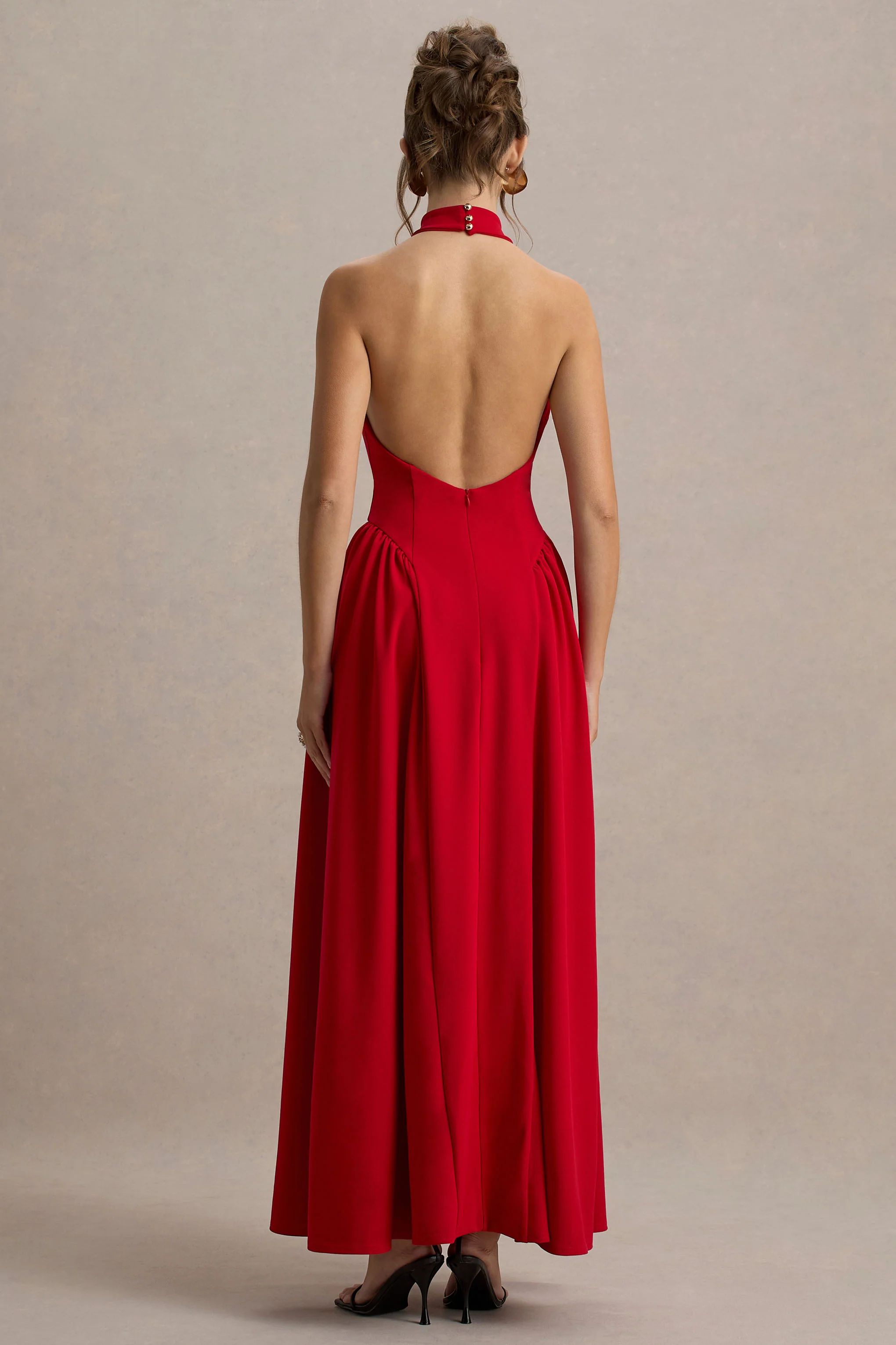 Cynthia | Red High-Neck Maxi Dress With Volume Skirt - Image 2