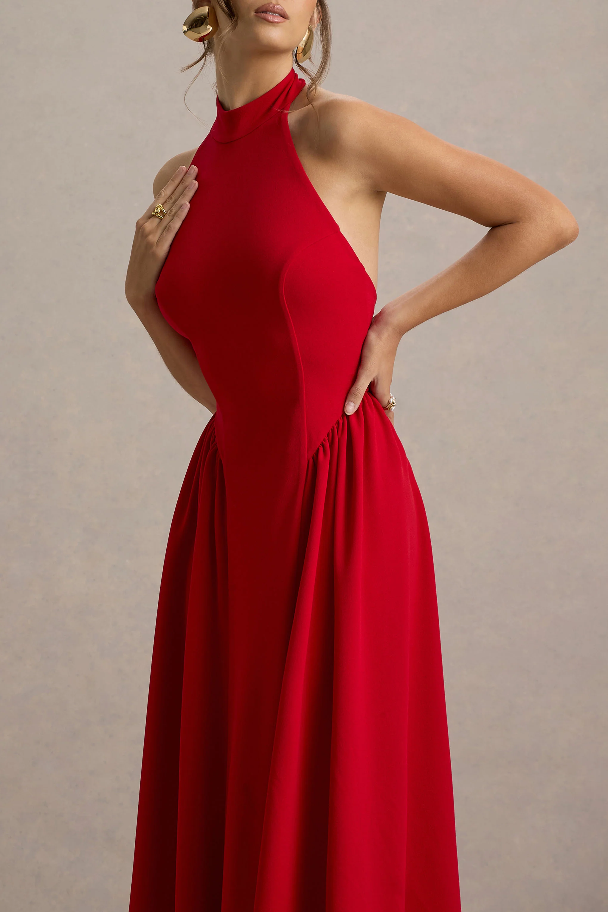 Cynthia | Red High-Neck Maxi Dress With Volume Skirt - Image 3