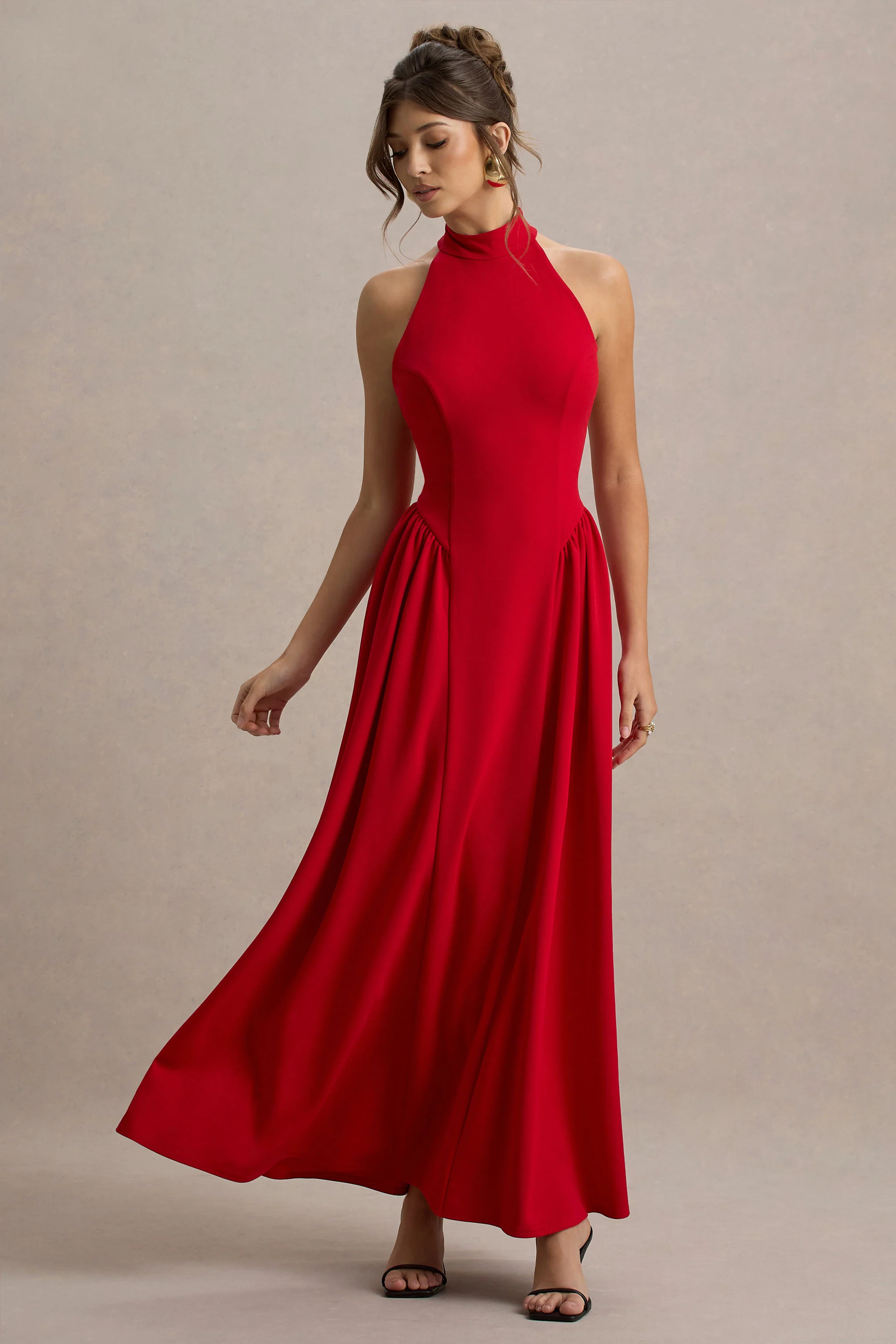 Cynthia | Red High-Neck Maxi Dress With Volume Skirt - Image 4