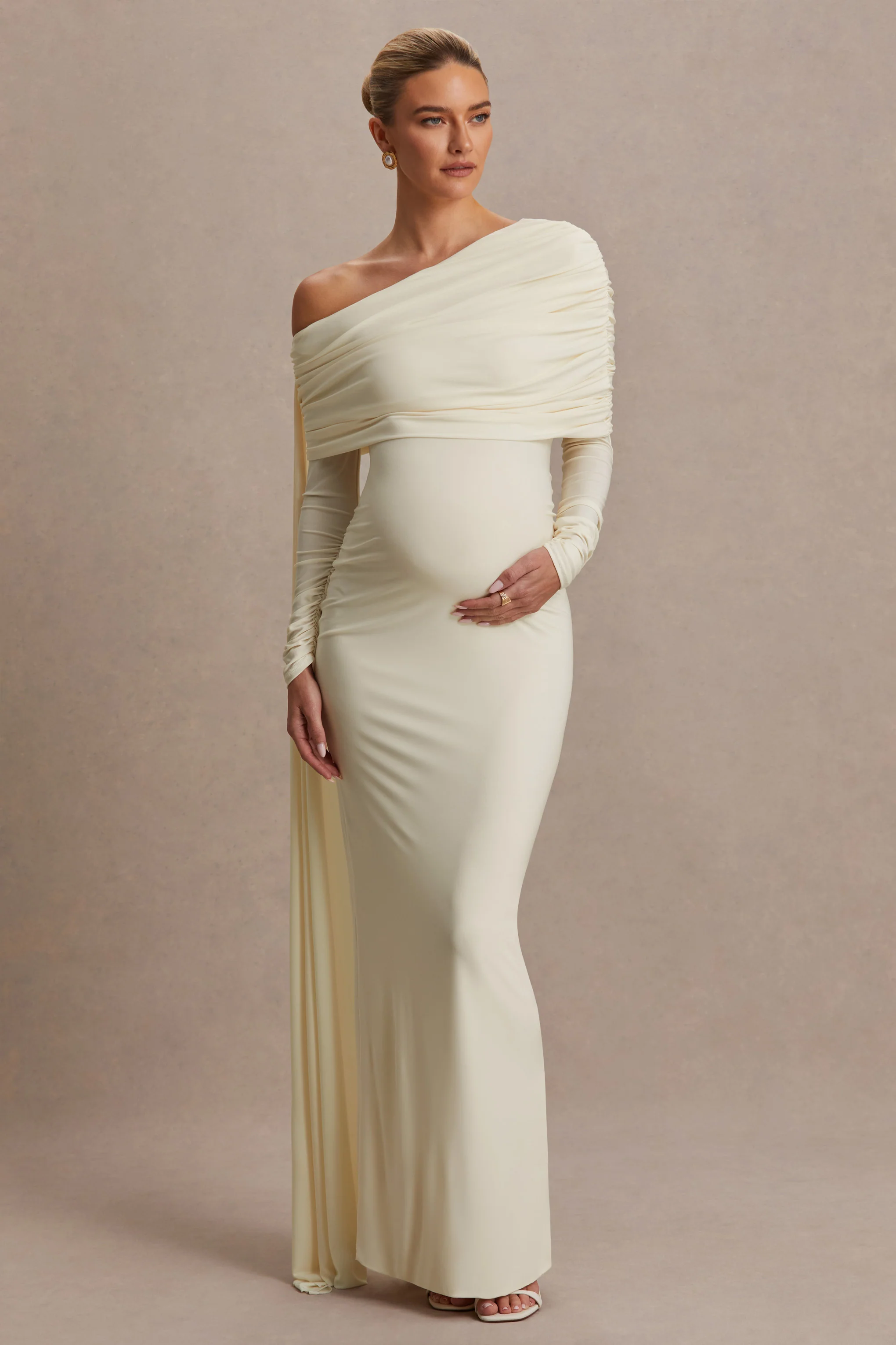 Cyra | Cream Asymmetric-Neck Maternity Maxi Dress With Sash - Image 4