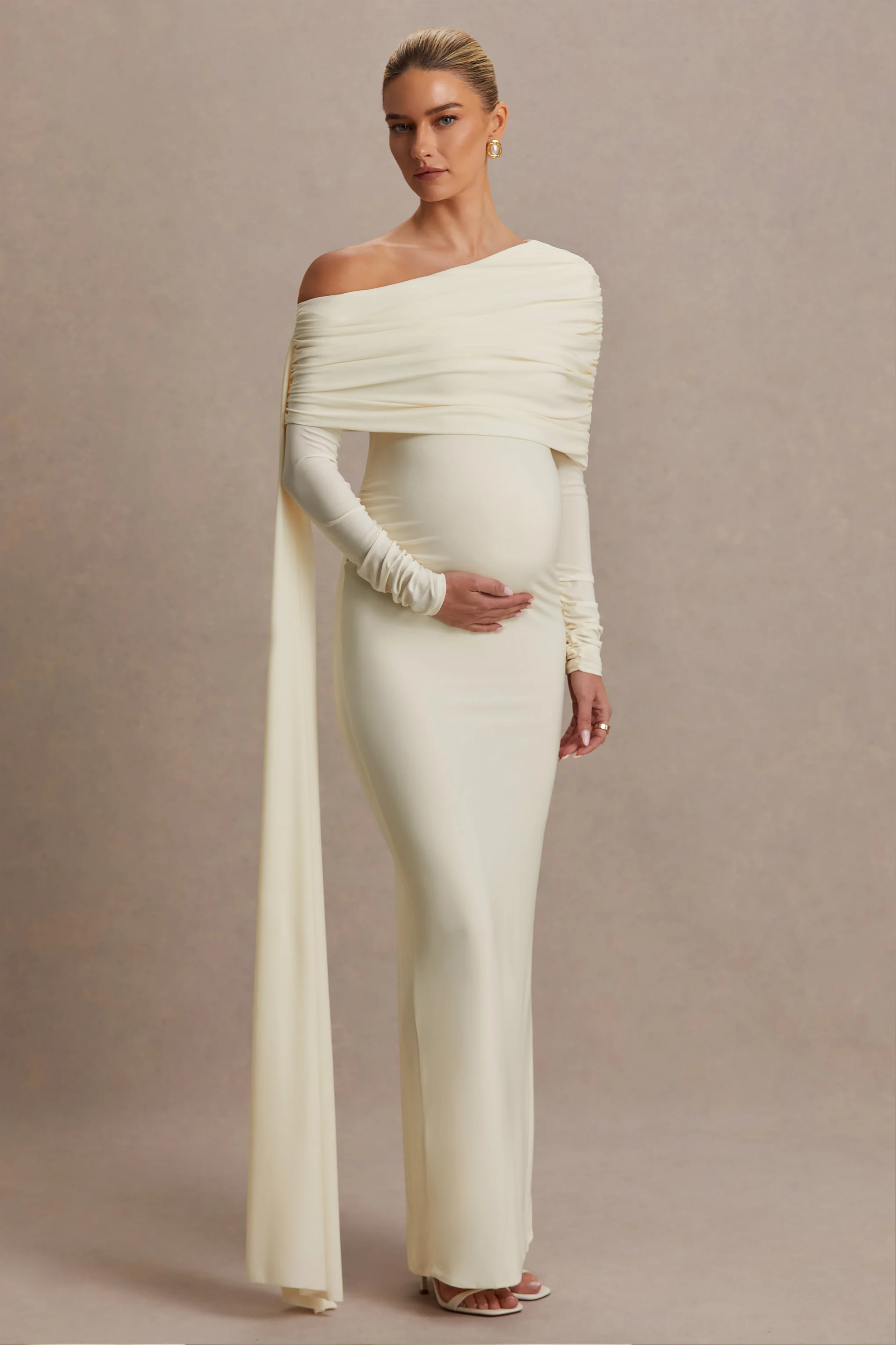 Cyra | Cream Asymmetric-Neck Maternity Maxi Dress With Sash - Image 5