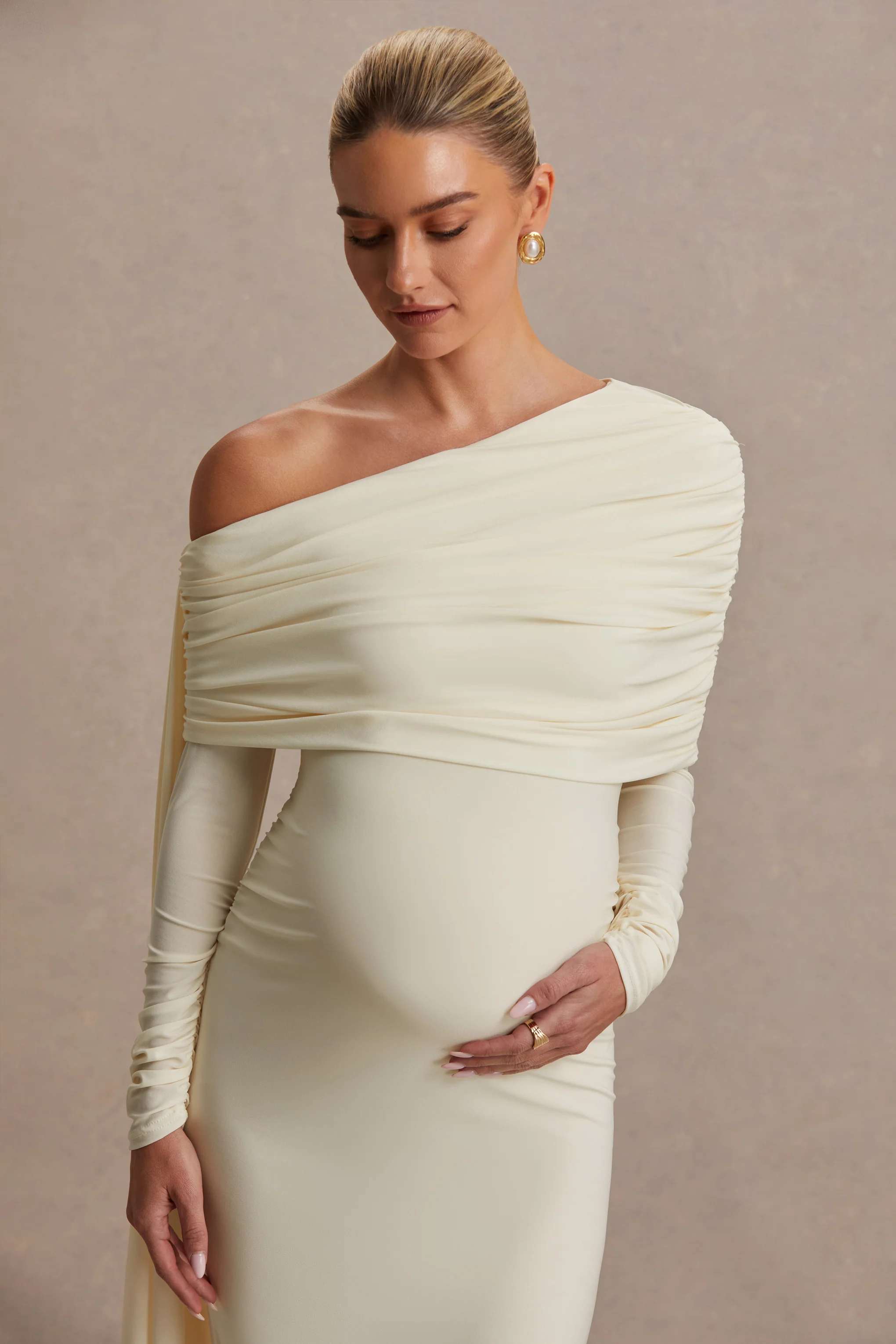 Cyra | Cream Asymmetric-Neck Maternity Maxi Dress With Sash - Image 6
