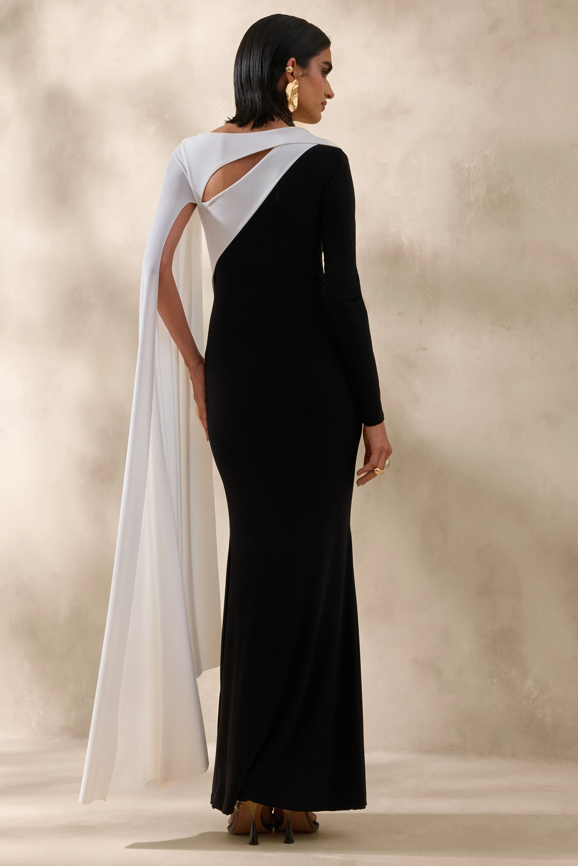 Dabria | Black And White Asymmetric-Neck Maxi Dress With Cape-Sleeve - Image 2