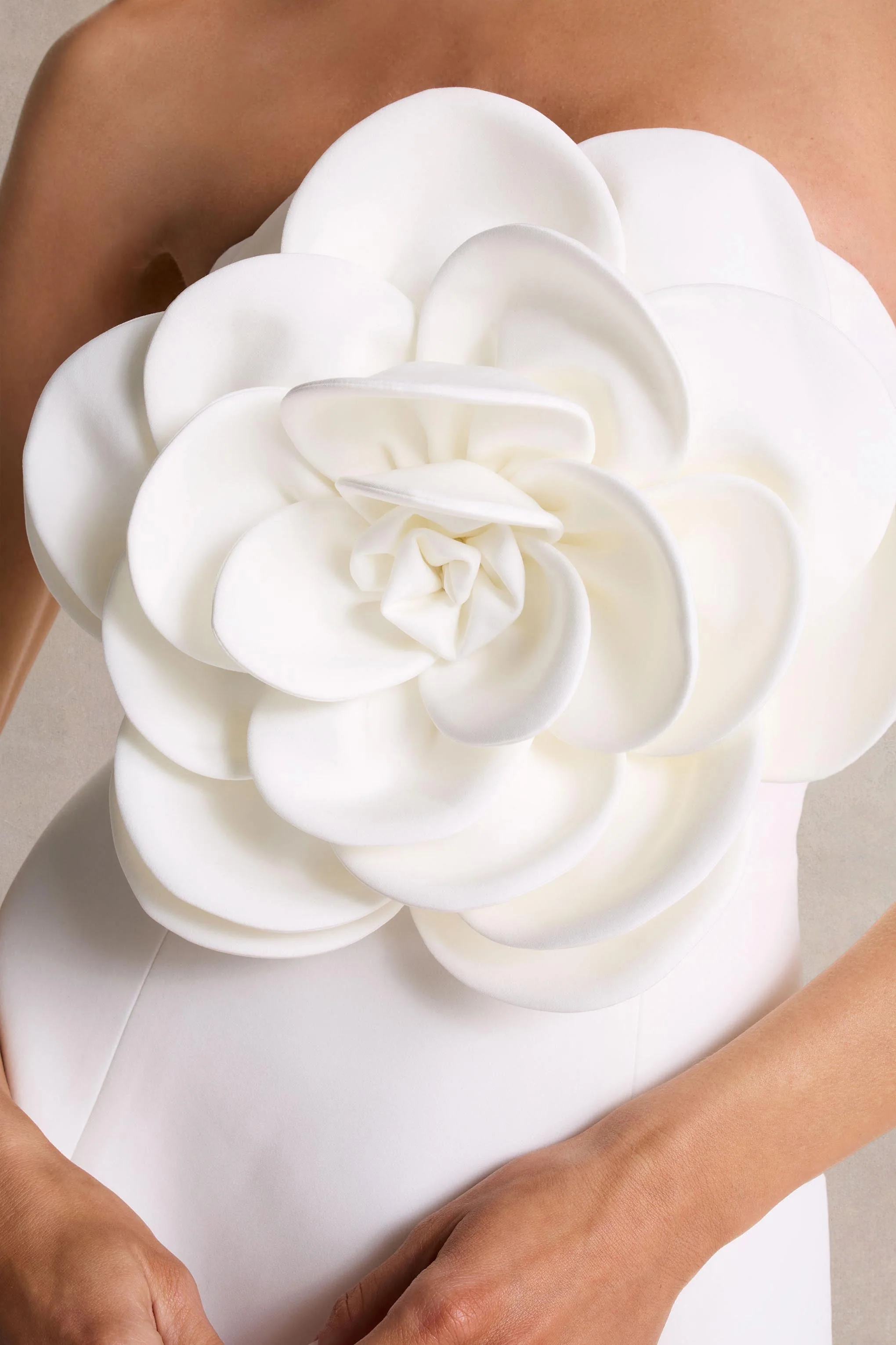 Daffodil | White Bandeau Mini Dress With Large Floral Corsage - Image 6