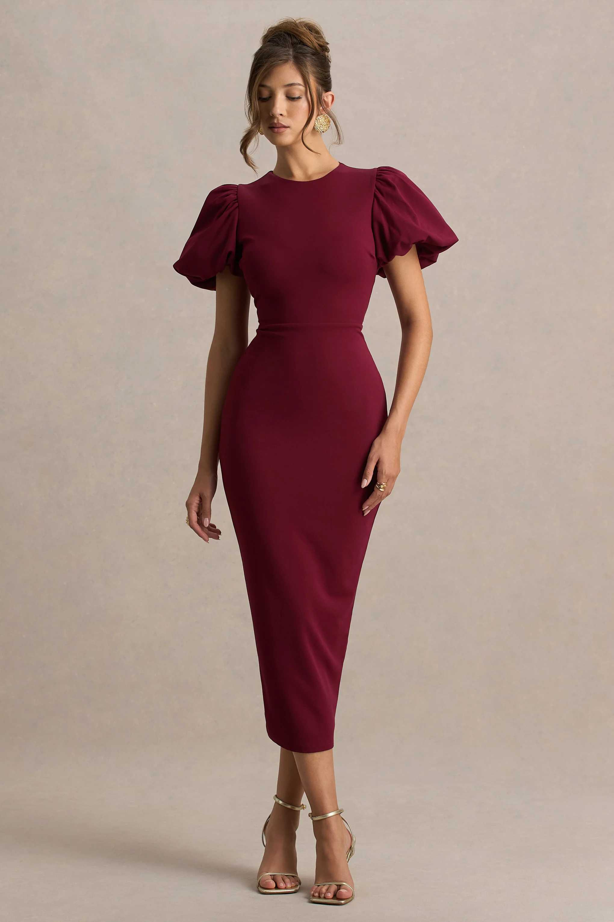 Dakota | Burgundy Puff-Sleeve Midi Dress - Image 3