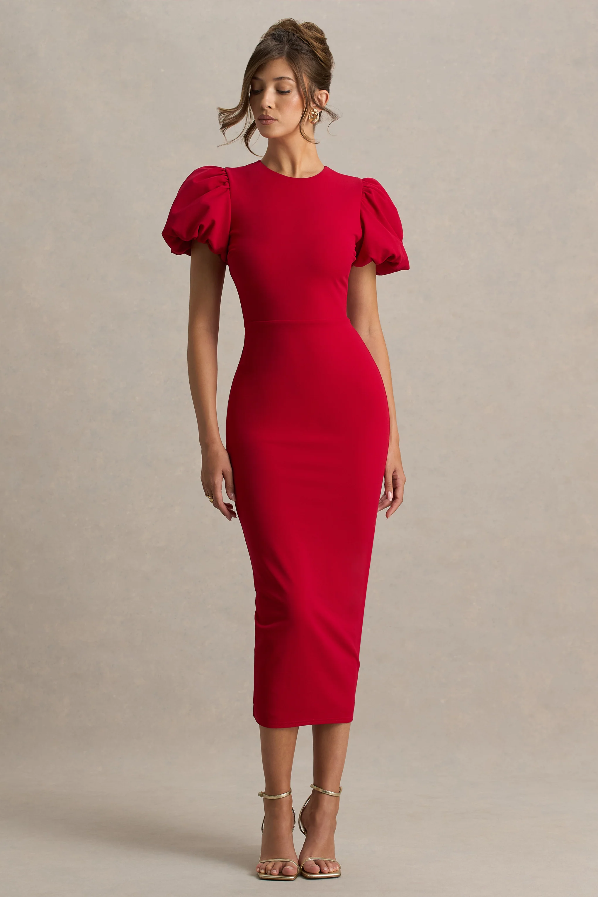 Dakota | Red Puff-Sleeve Midi Dress - Image 4