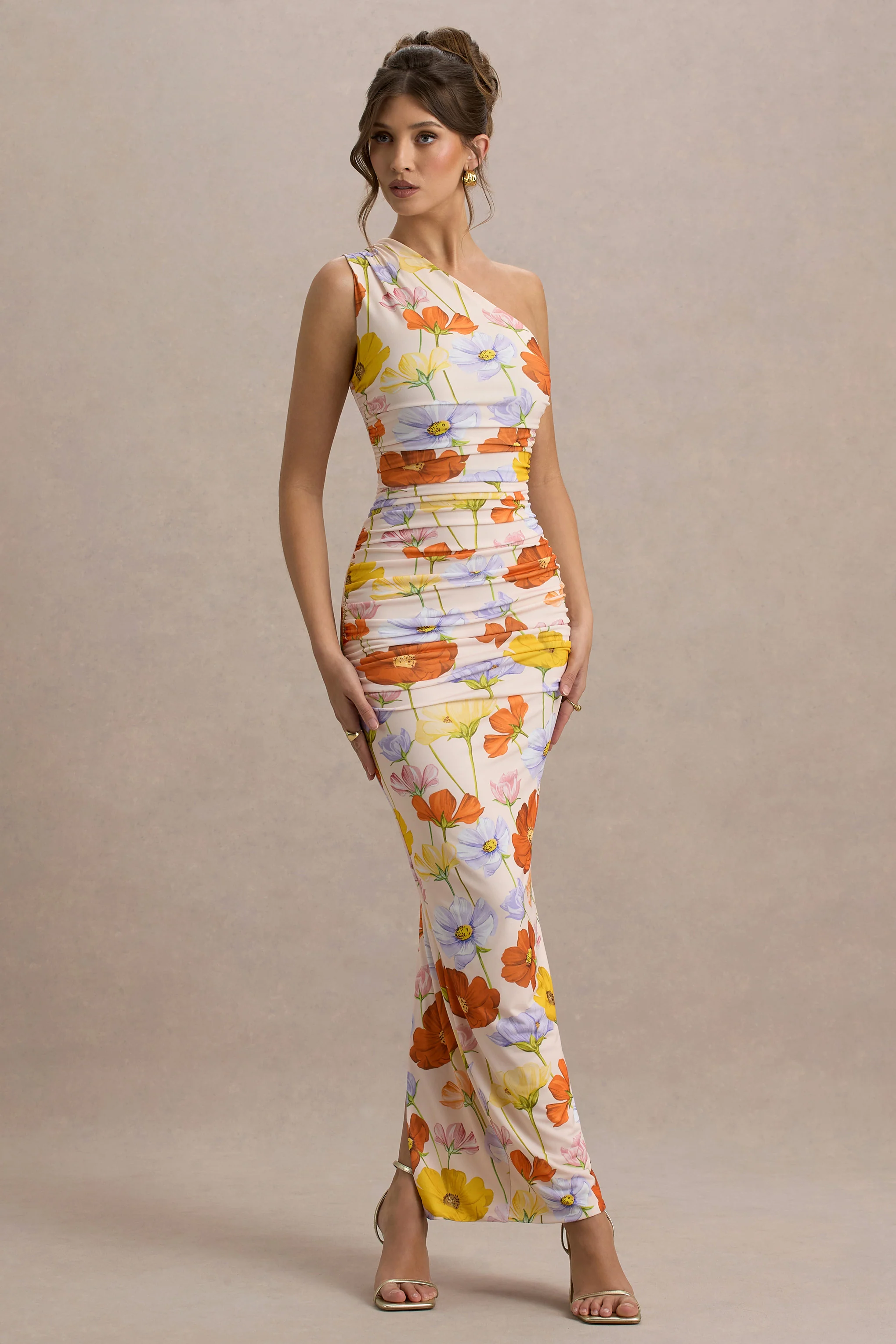 Dalarie | Bright Floral Print One-Shoulder Gathered Maxi Dress - Image 4