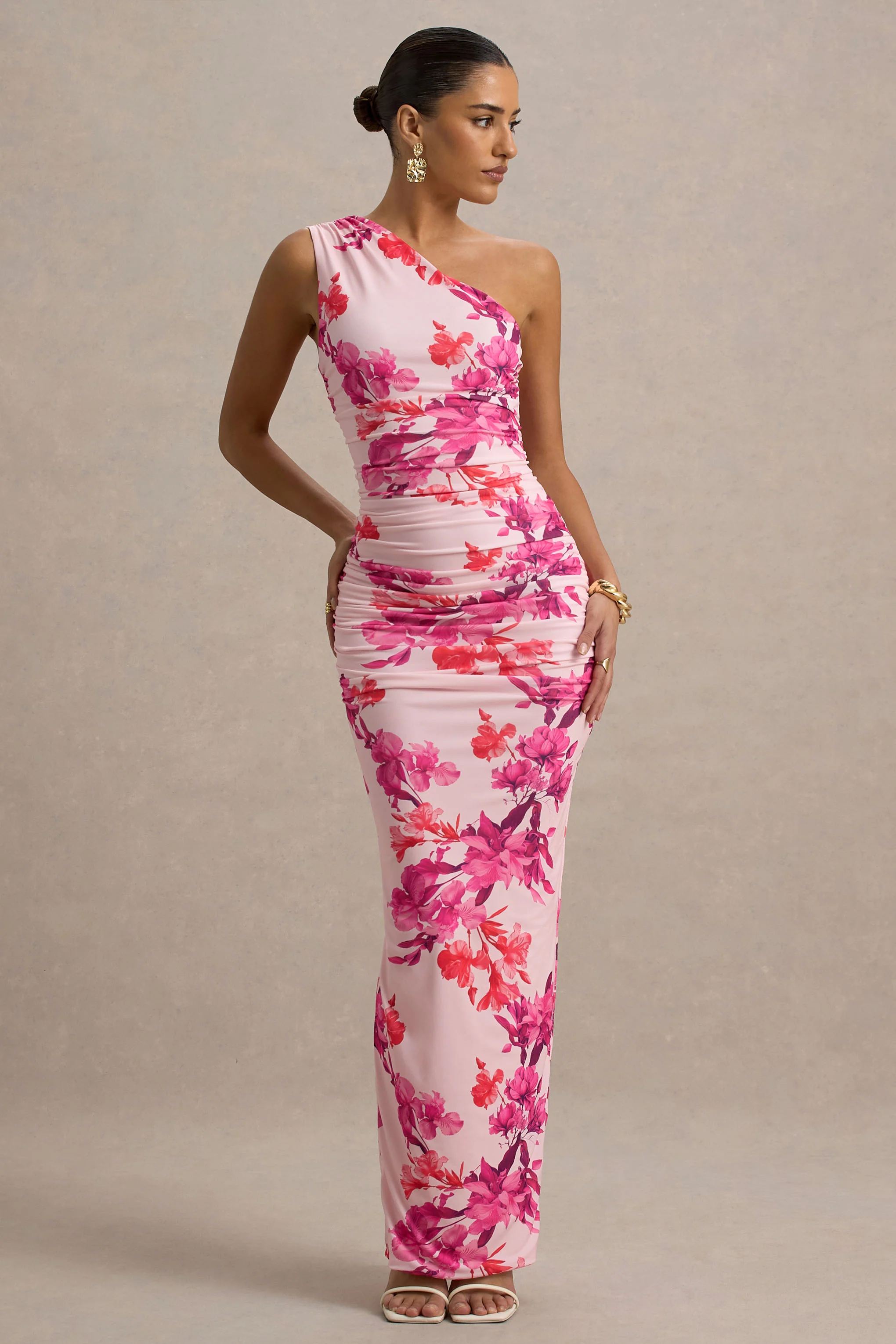 Dalarie | Pink and Orange Floral Print One-Shoulder Gathered Maxi Dress - Image 5