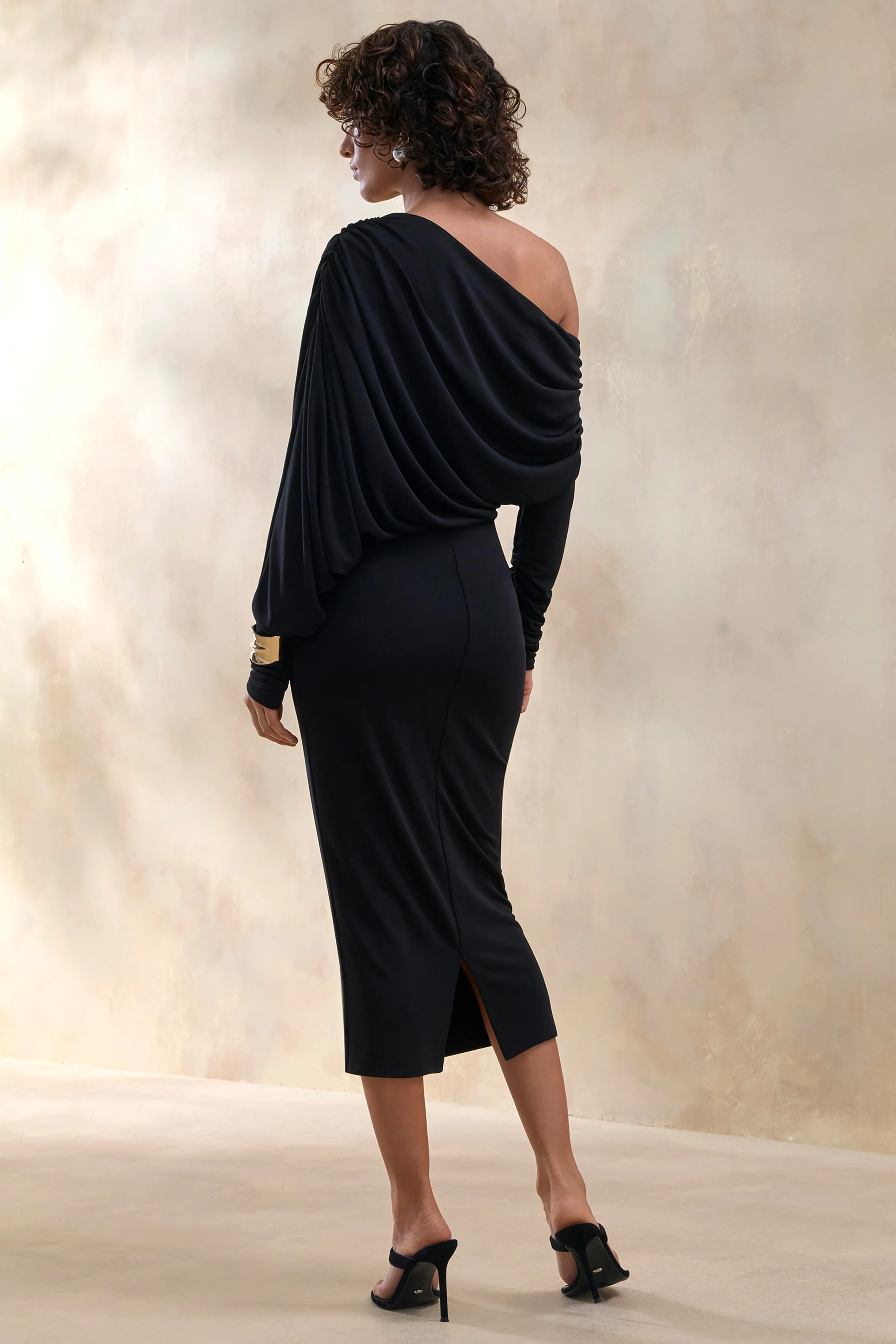 Dalissa | Black Asymmetric-Neck Midi Dress With Draped-Detailing - Image 2
