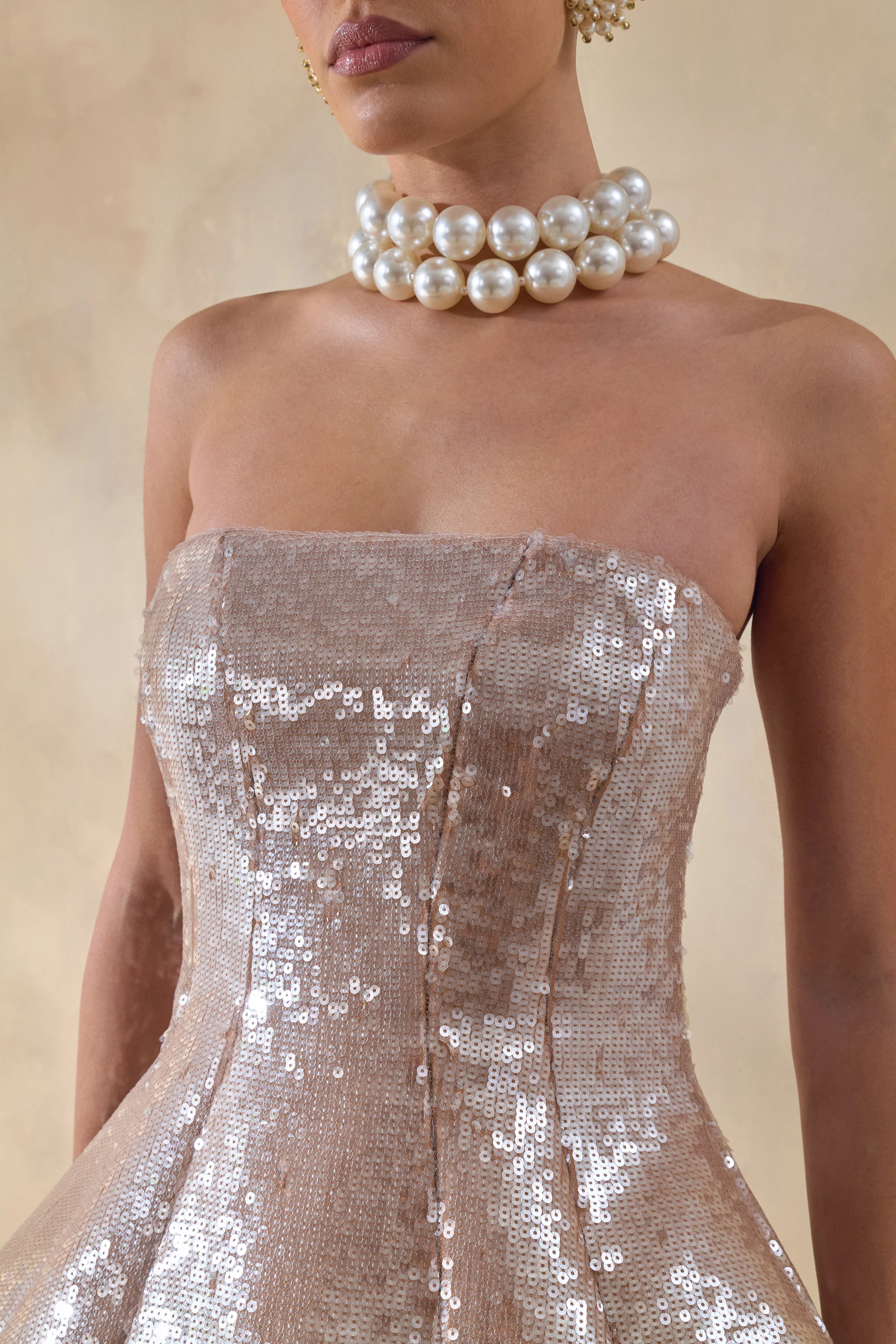 Dalisse | Nude Sequin Bandeau Corset Maxi Dress - Image 3