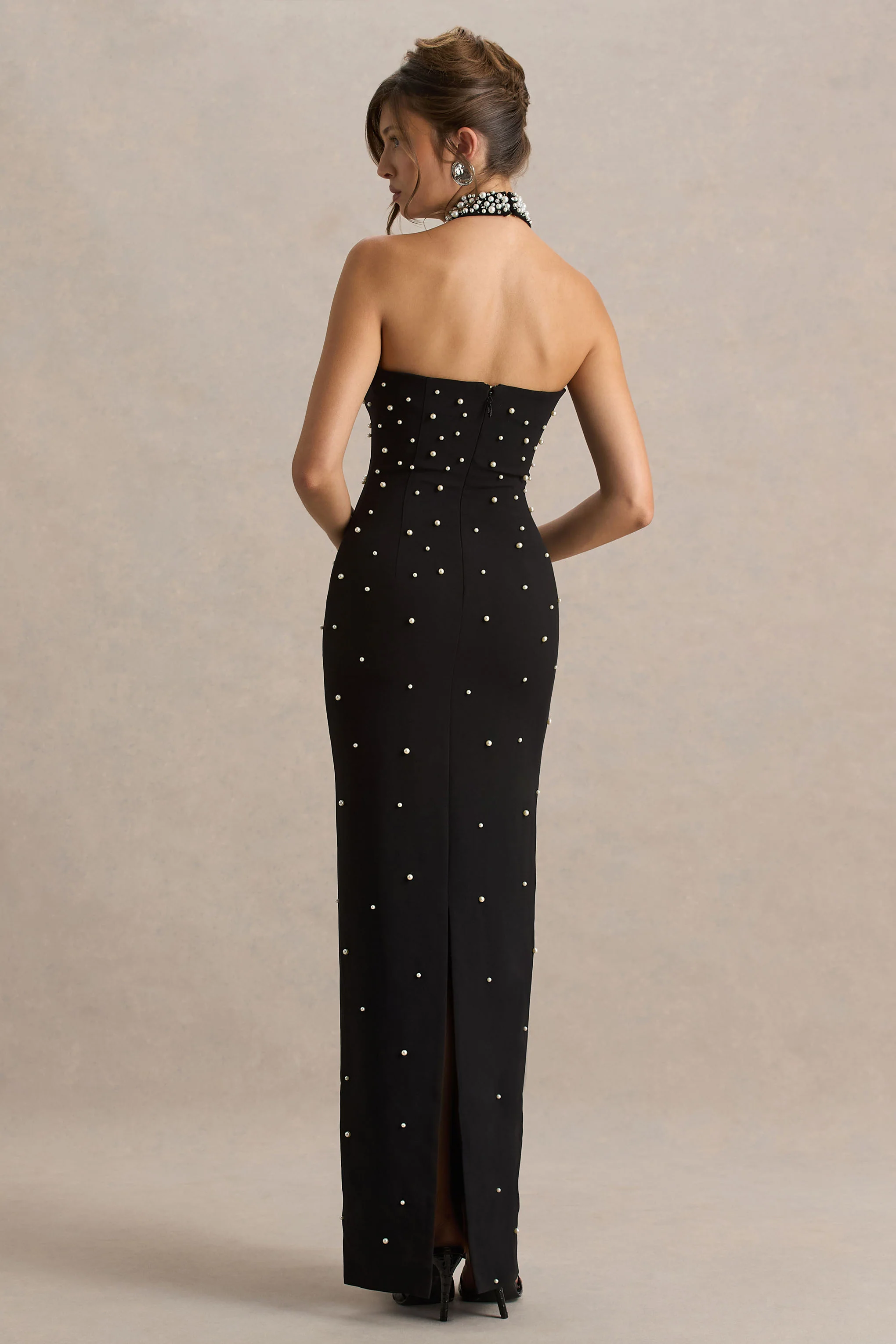 Dani | Black Hand-Embellished Halter-Neck Maxi Dress - Image 2