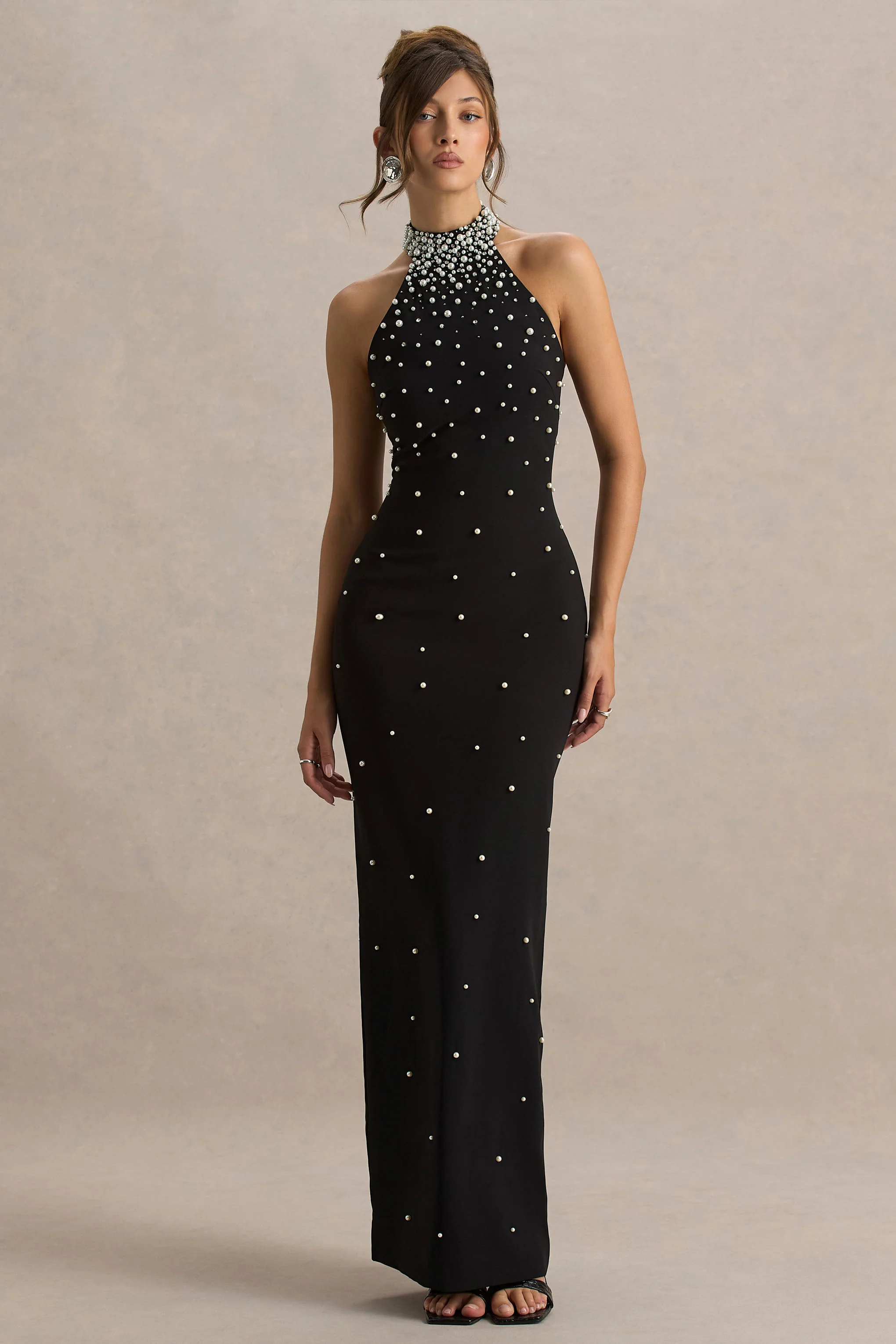 Dani | Black Hand-Embellished Halter-Neck Maxi Dress - Image 3