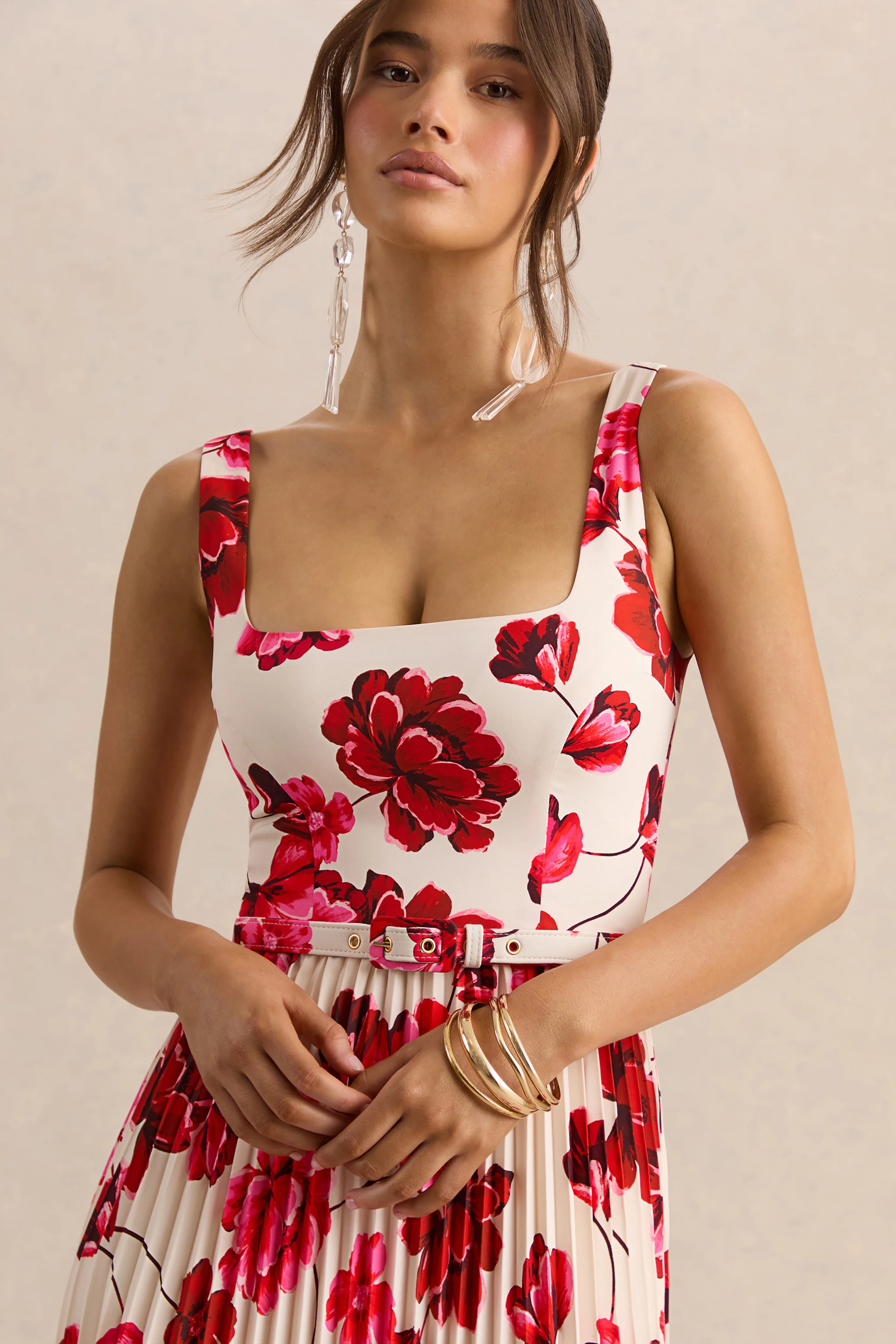 Danika | Hot Pink Floral Print Square-Neck Belted Maxi Dress With Pleated Skirt - Image 3