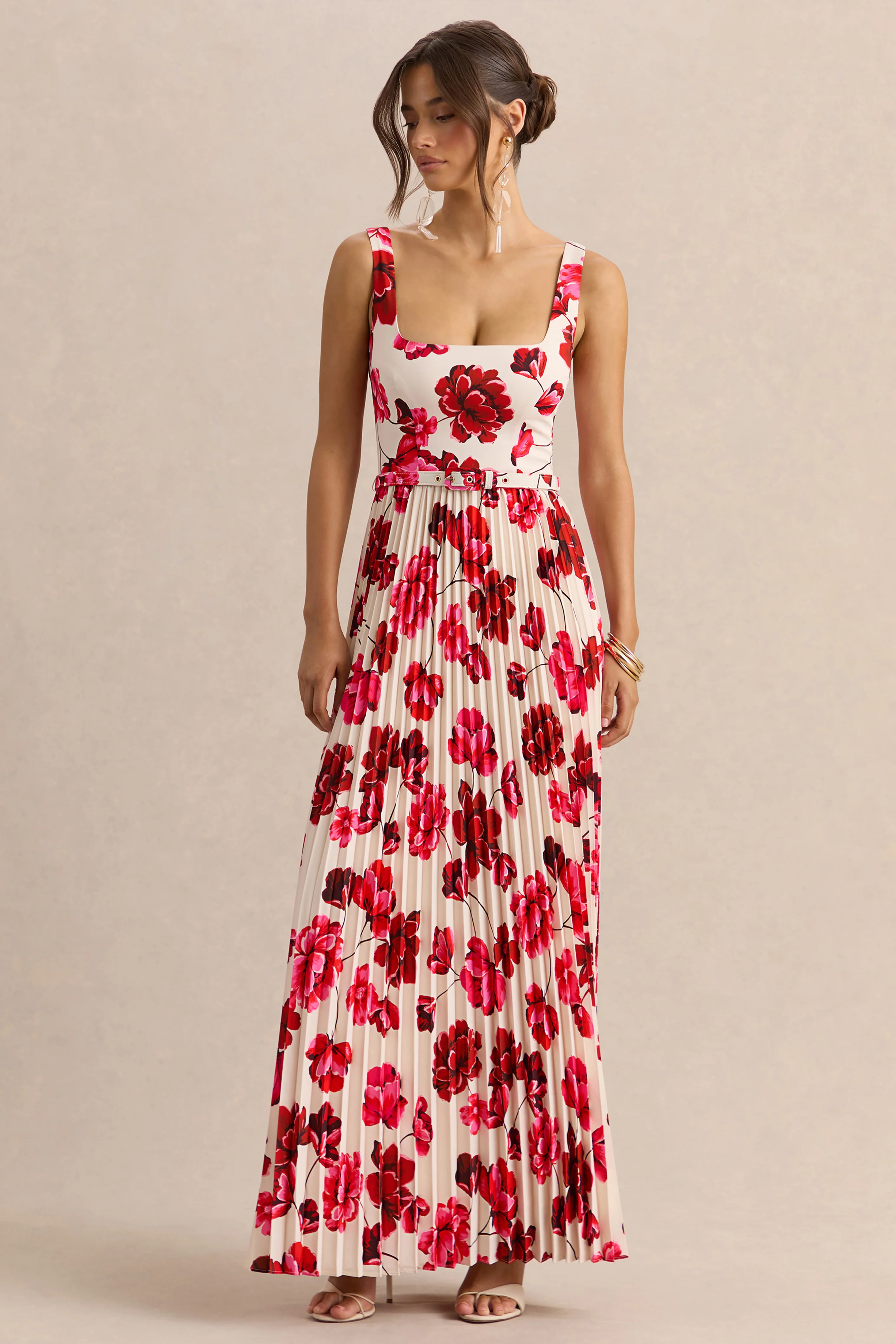 Danika | Hot Pink Floral Print Square-Neck Belted Maxi Dress With Pleated Skirt - Image 4
