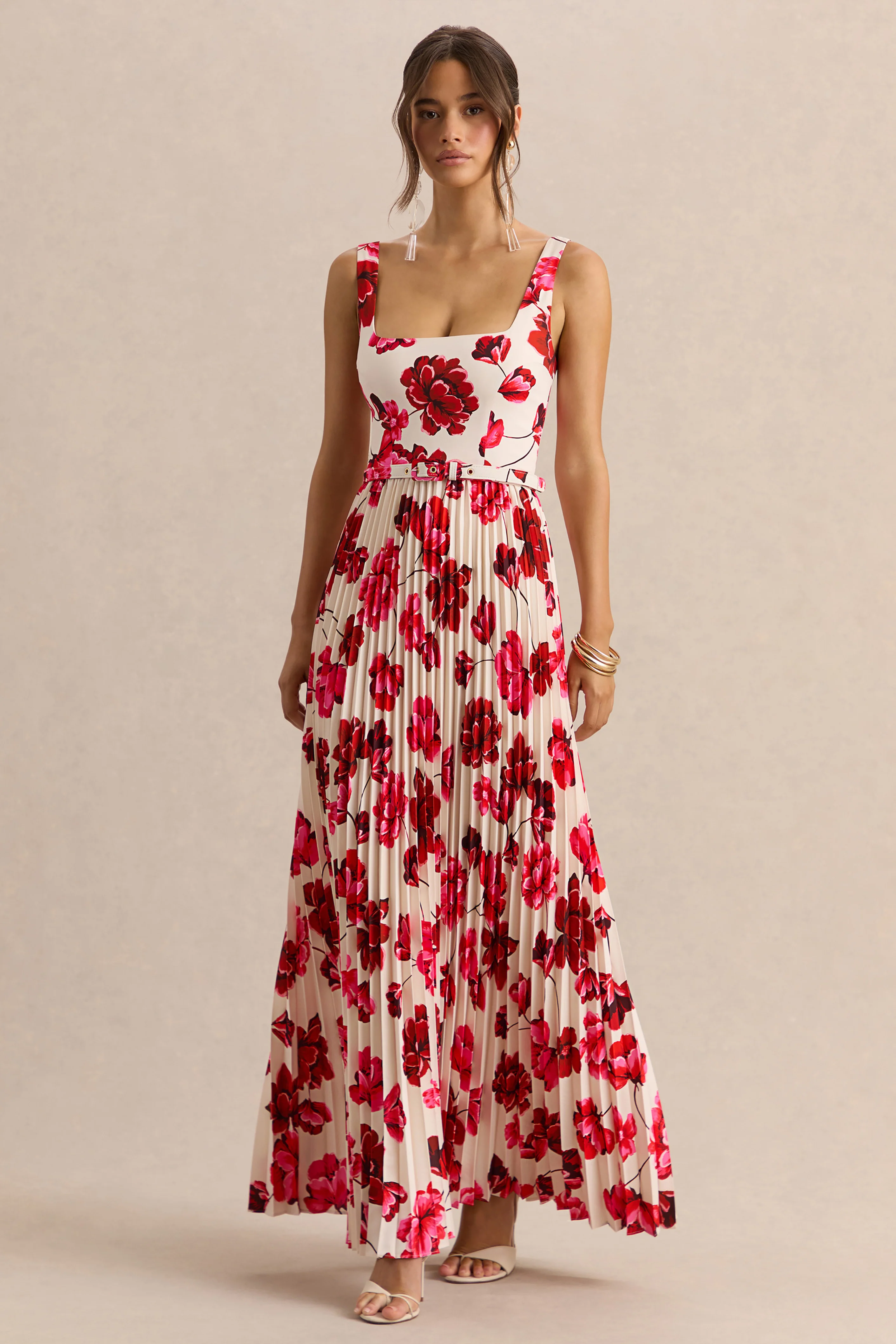 Danika | Hot Pink Floral Print Square-Neck Belted Maxi Dress With Pleated Skirt - Image 6
