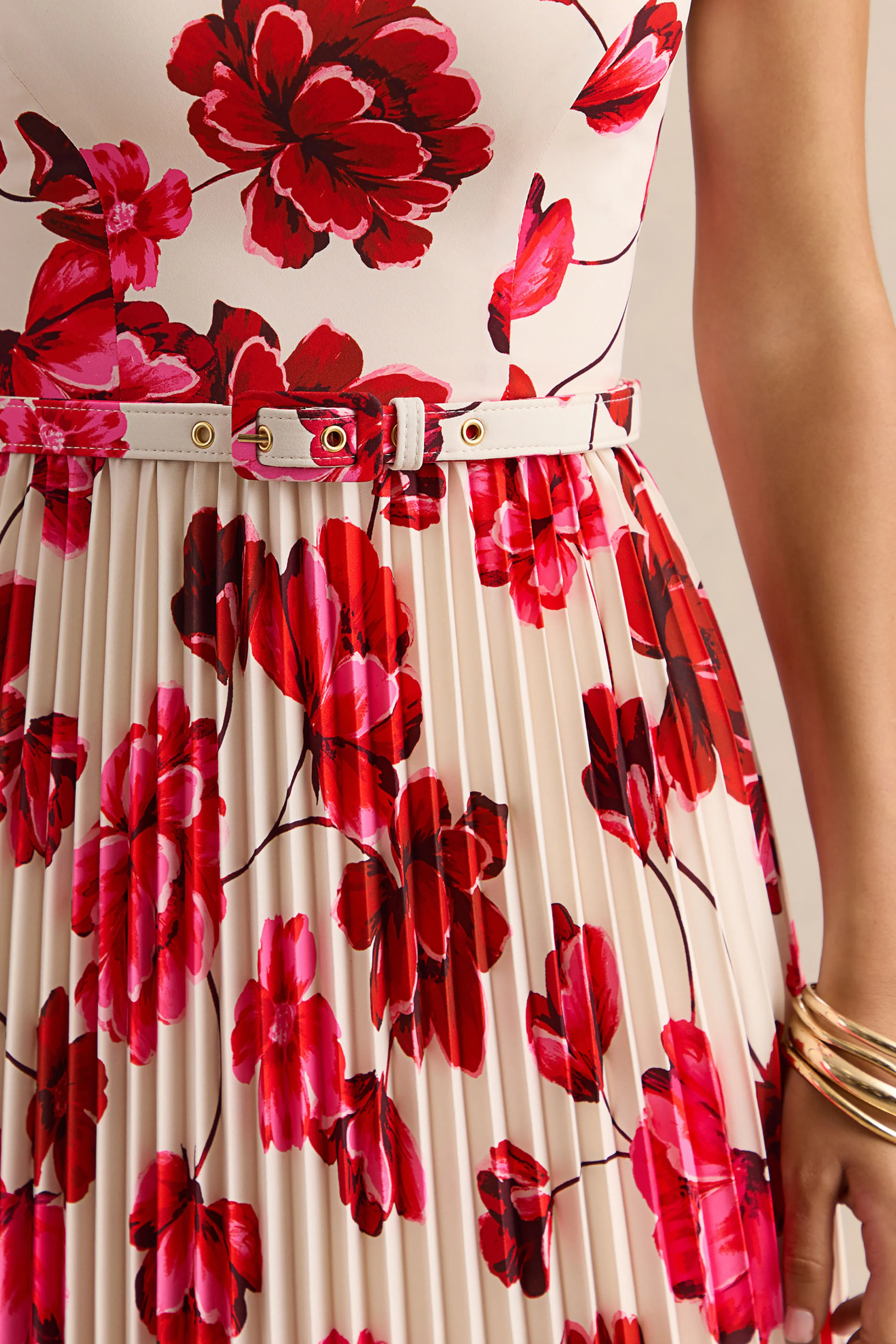Danika | Hot Pink Floral Print Square-Neck Belted Maxi Dress With Pleated Skirt - Image 7