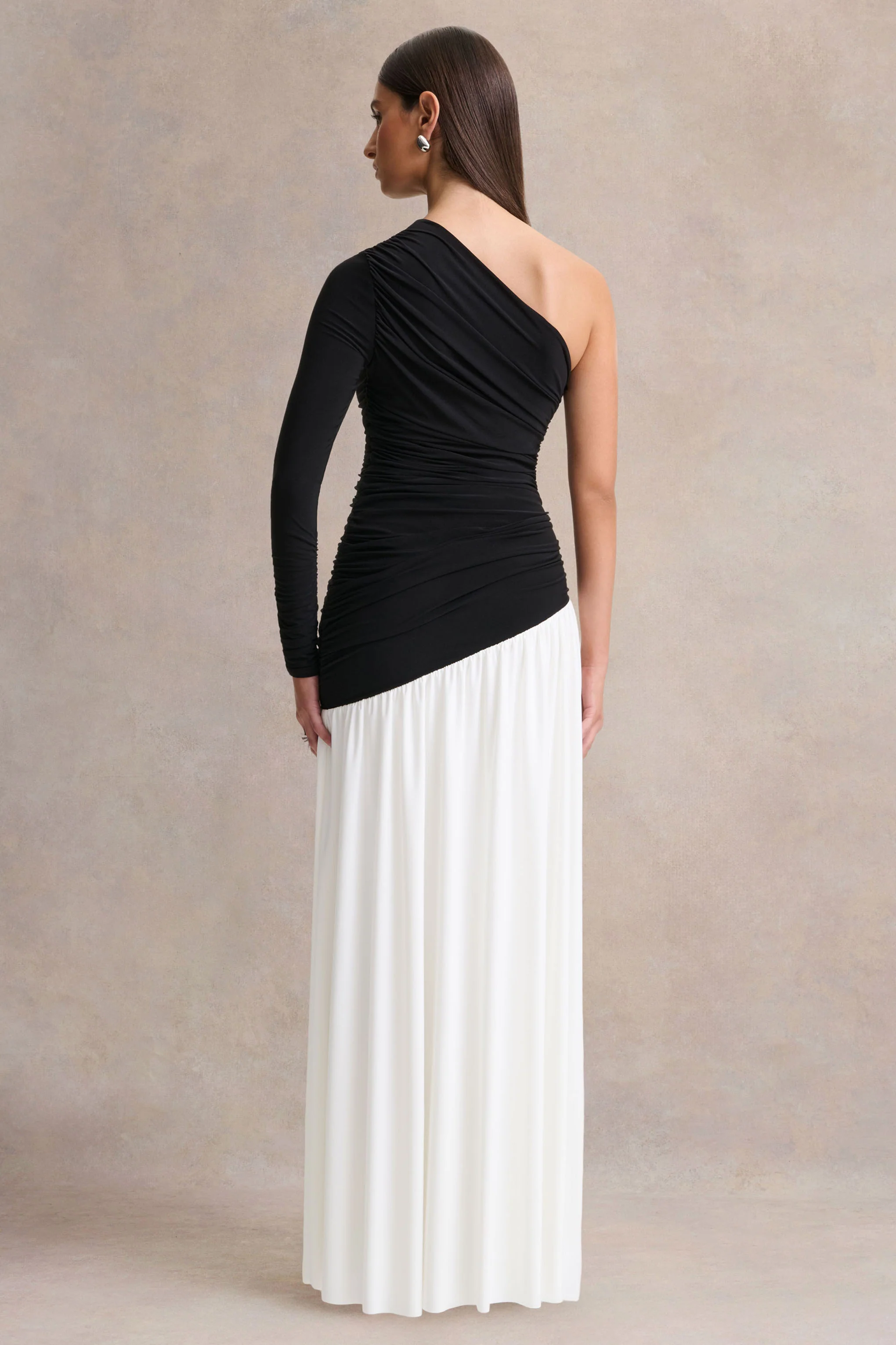 Danila | Black And White Asymmetric-Neck Maxi Dress With Drop-Waist - Image 2