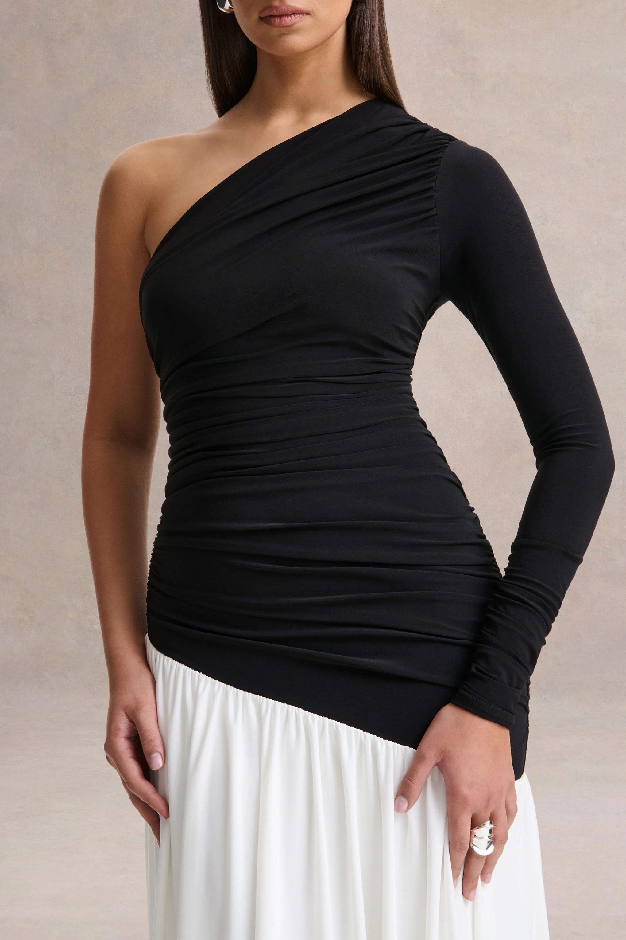 Danila | Black And White Asymmetric-Neck Maxi Dress With Drop-Waist - Image 3