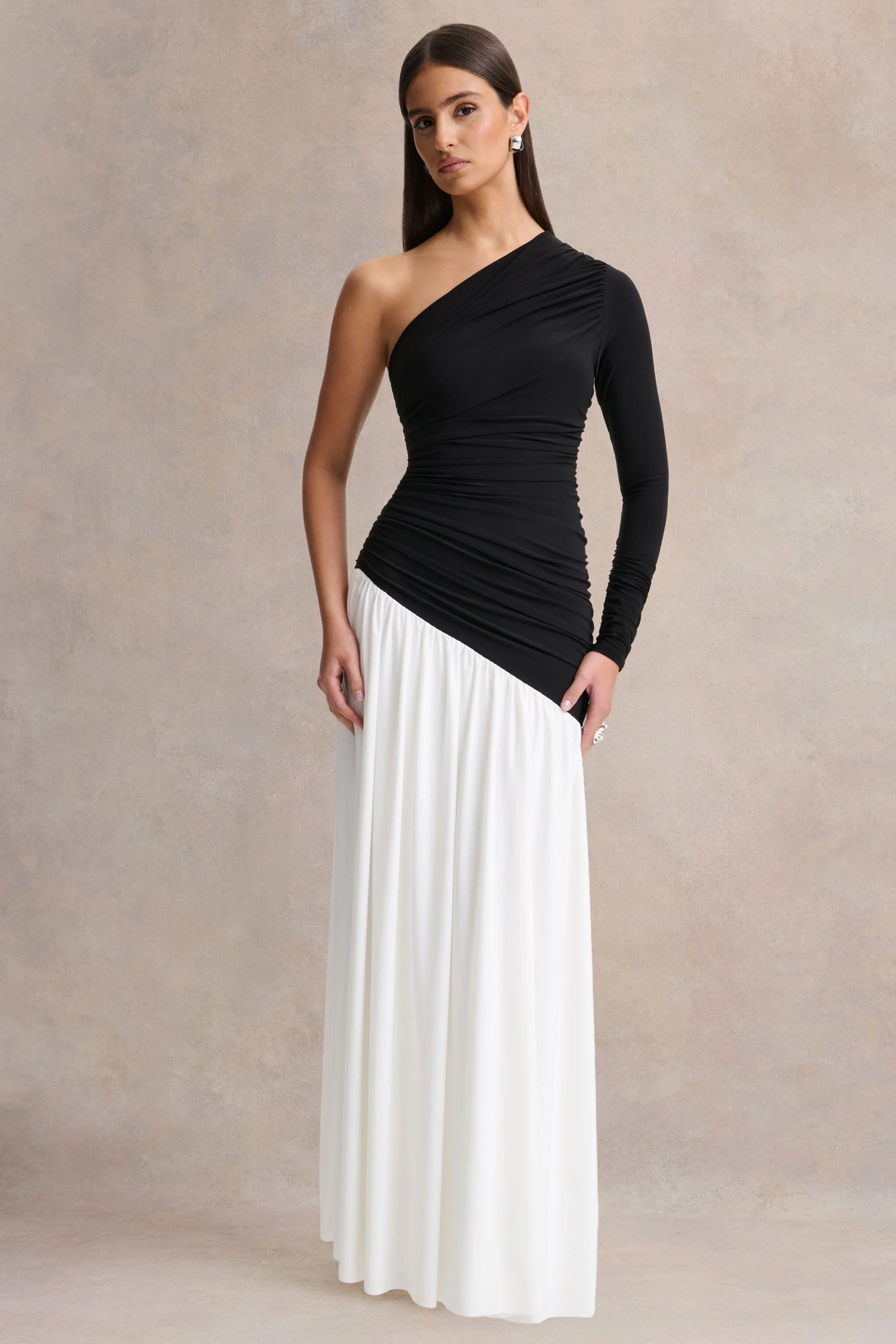 Danila | Black And White Asymmetric-Neck Maxi Dress With Drop-Waist - Image 4