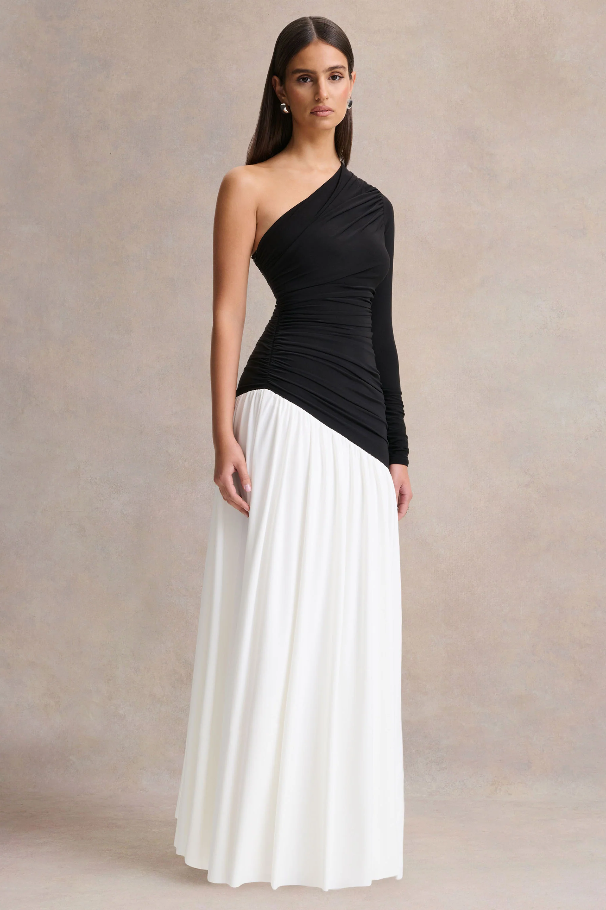 Danila | Black And White Asymmetric-Neck Maxi Dress With Drop-Waist - Image 5