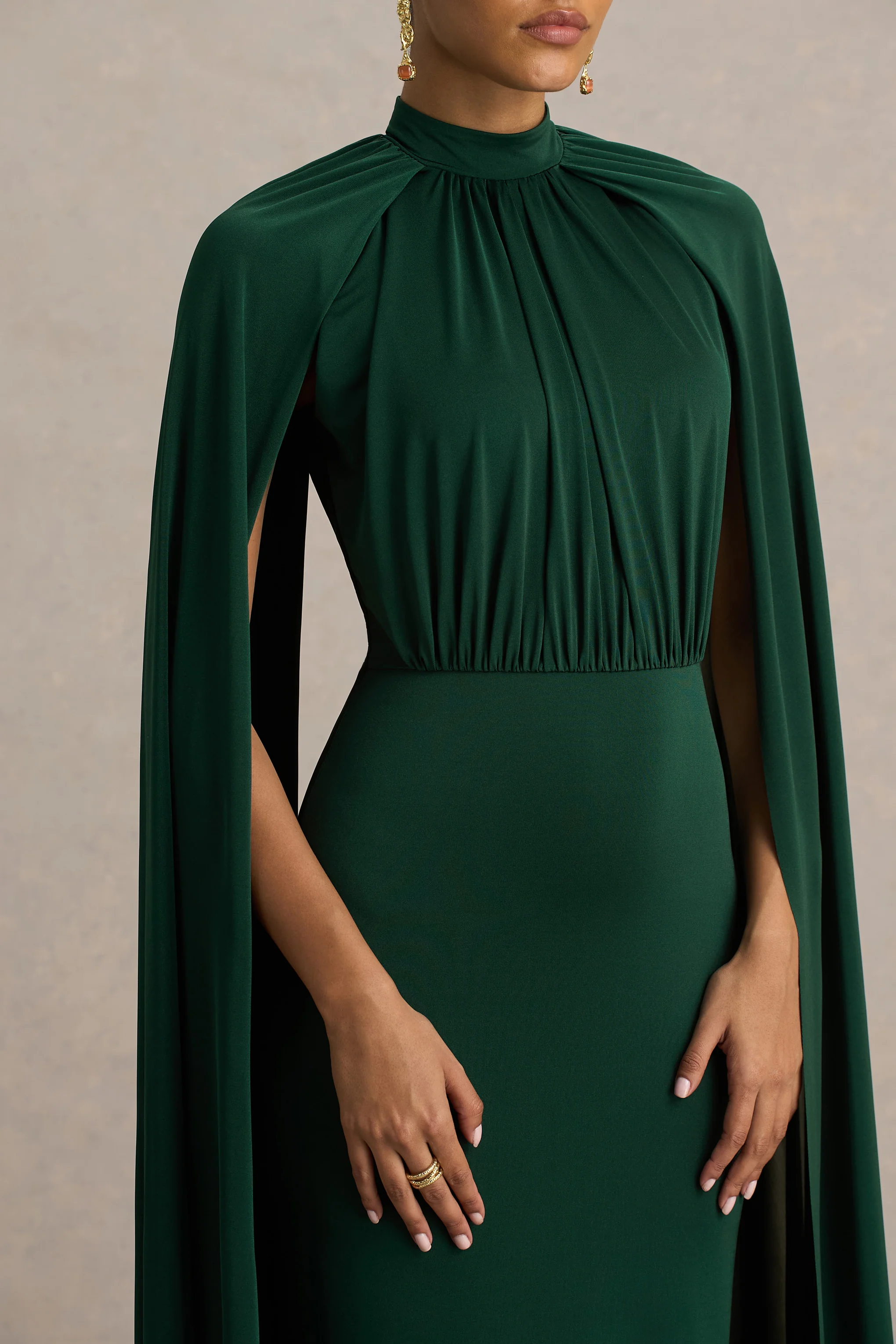 Darielle | Bottle Green High-Neck Cape-Sleeve Maxi Dress - Image 3