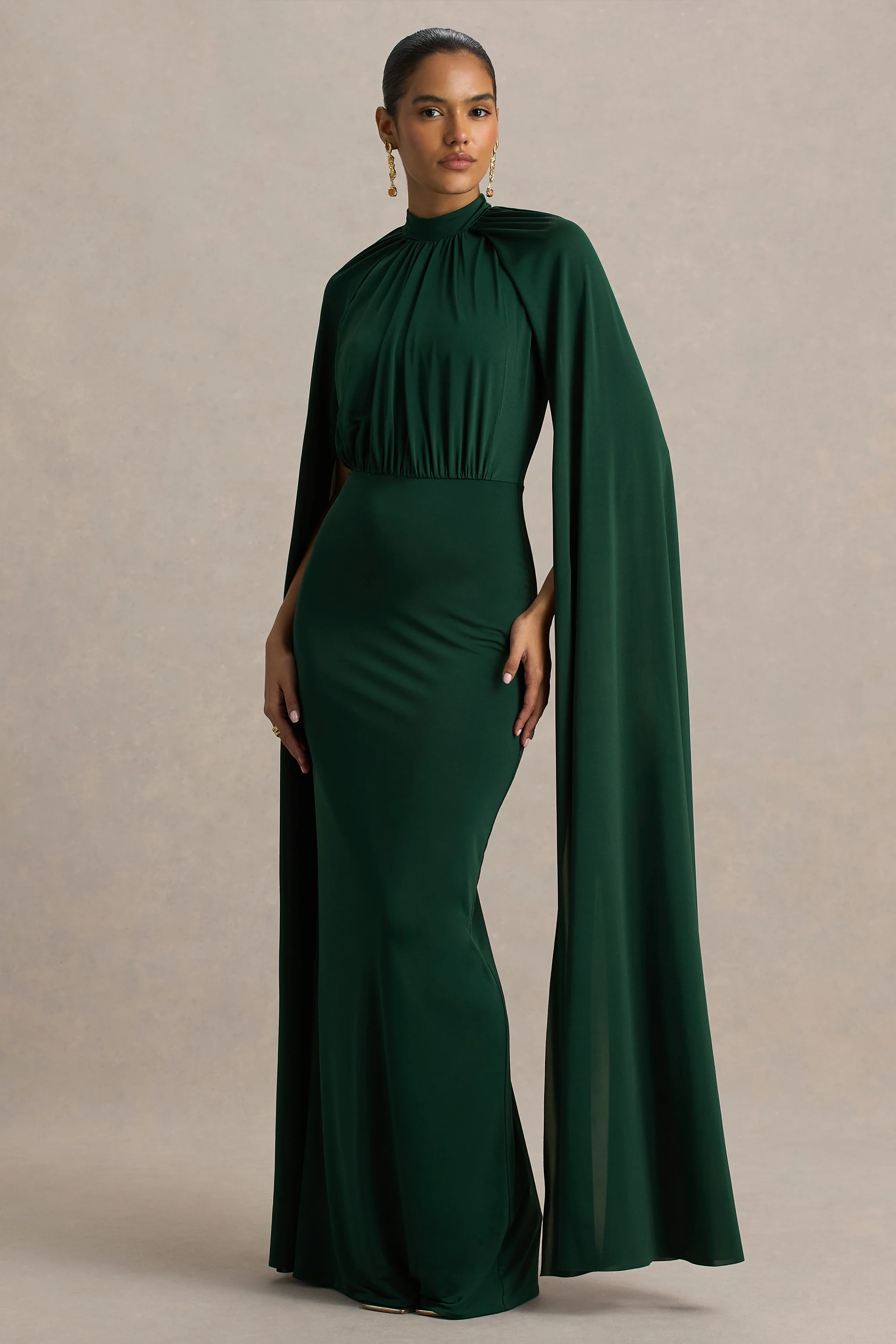Darielle | Bottle Green High-Neck Cape-Sleeve Maxi Dress - Image 5