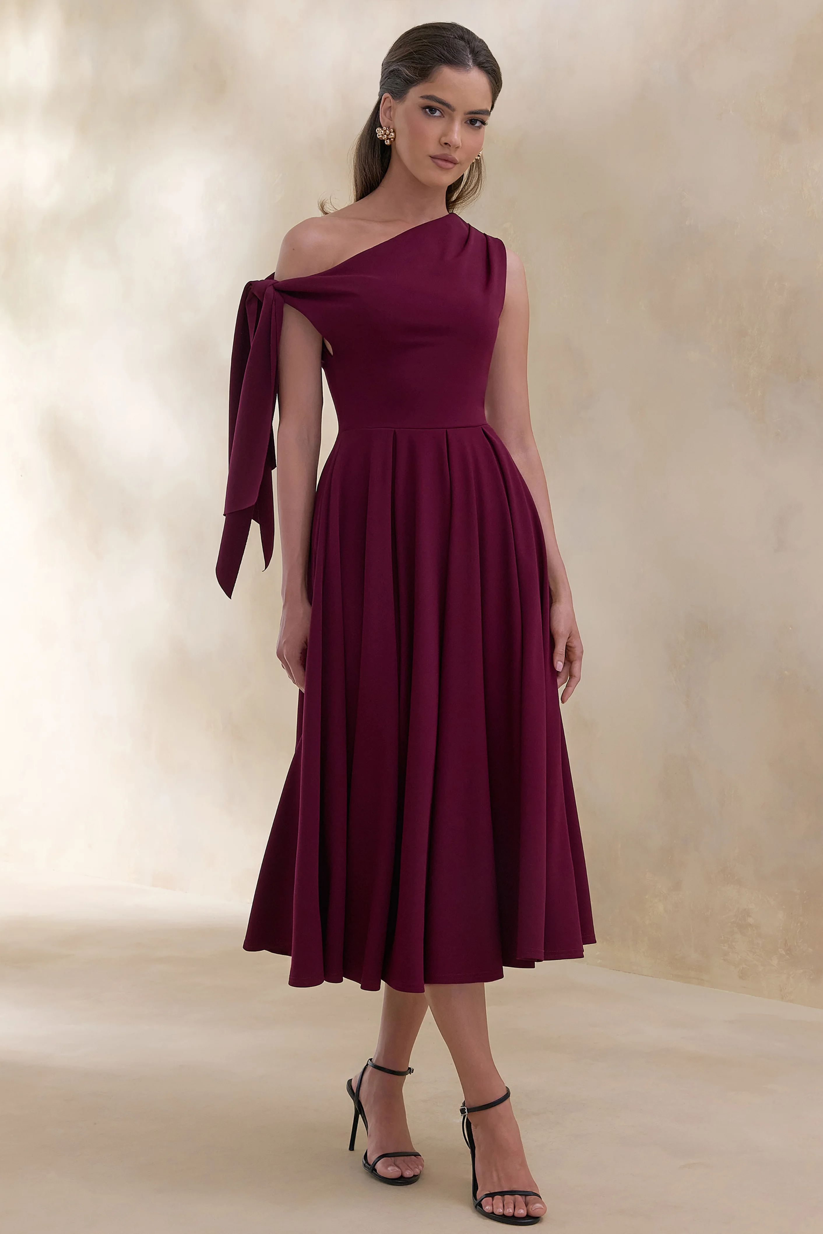 Daring | Burgundy Asymmetric-Neck Midi Dress With Knot-Detail - Image 5