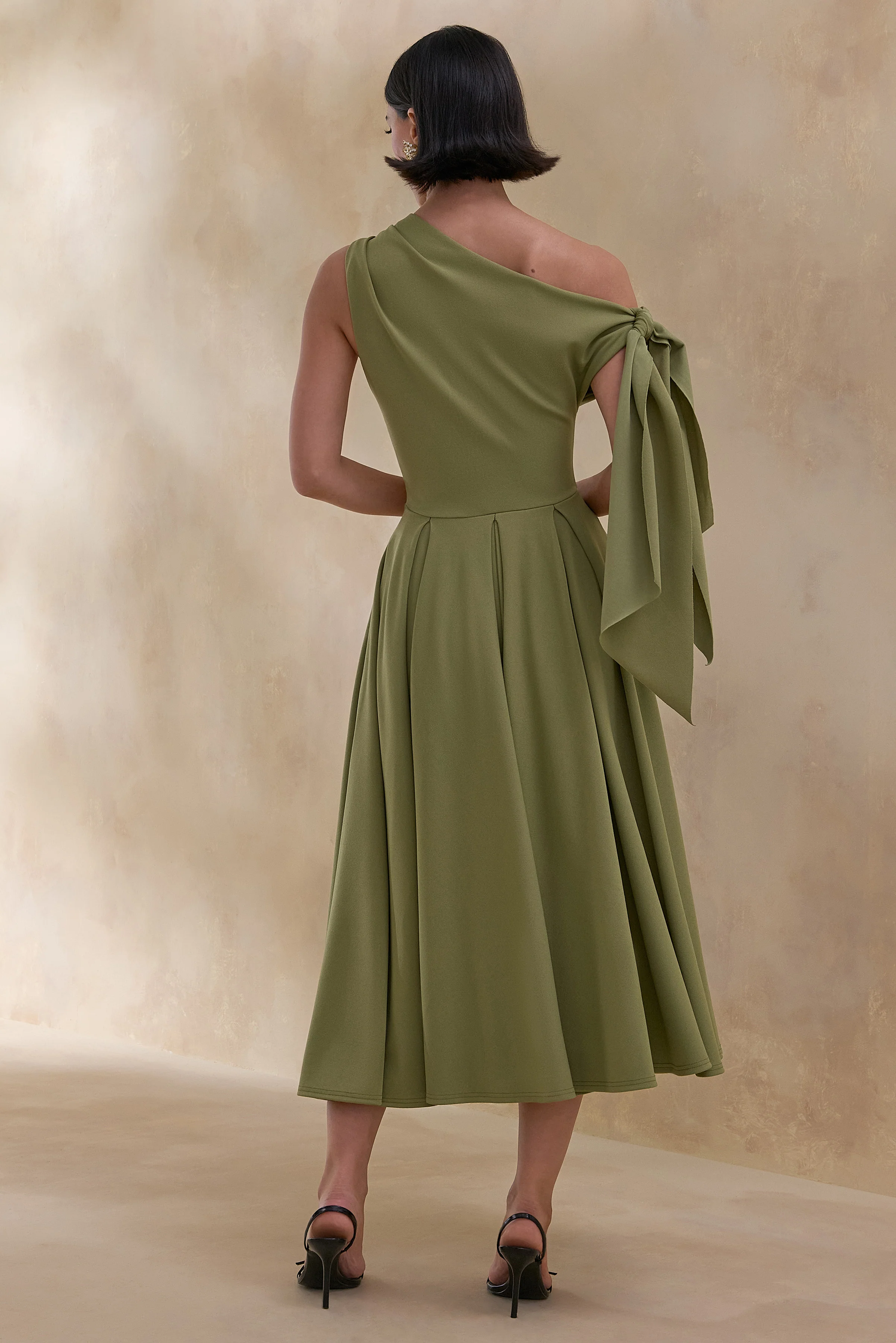 Daring | Olive Asymmetric-Neck Midi Dress With Knot-Detail - Image 2