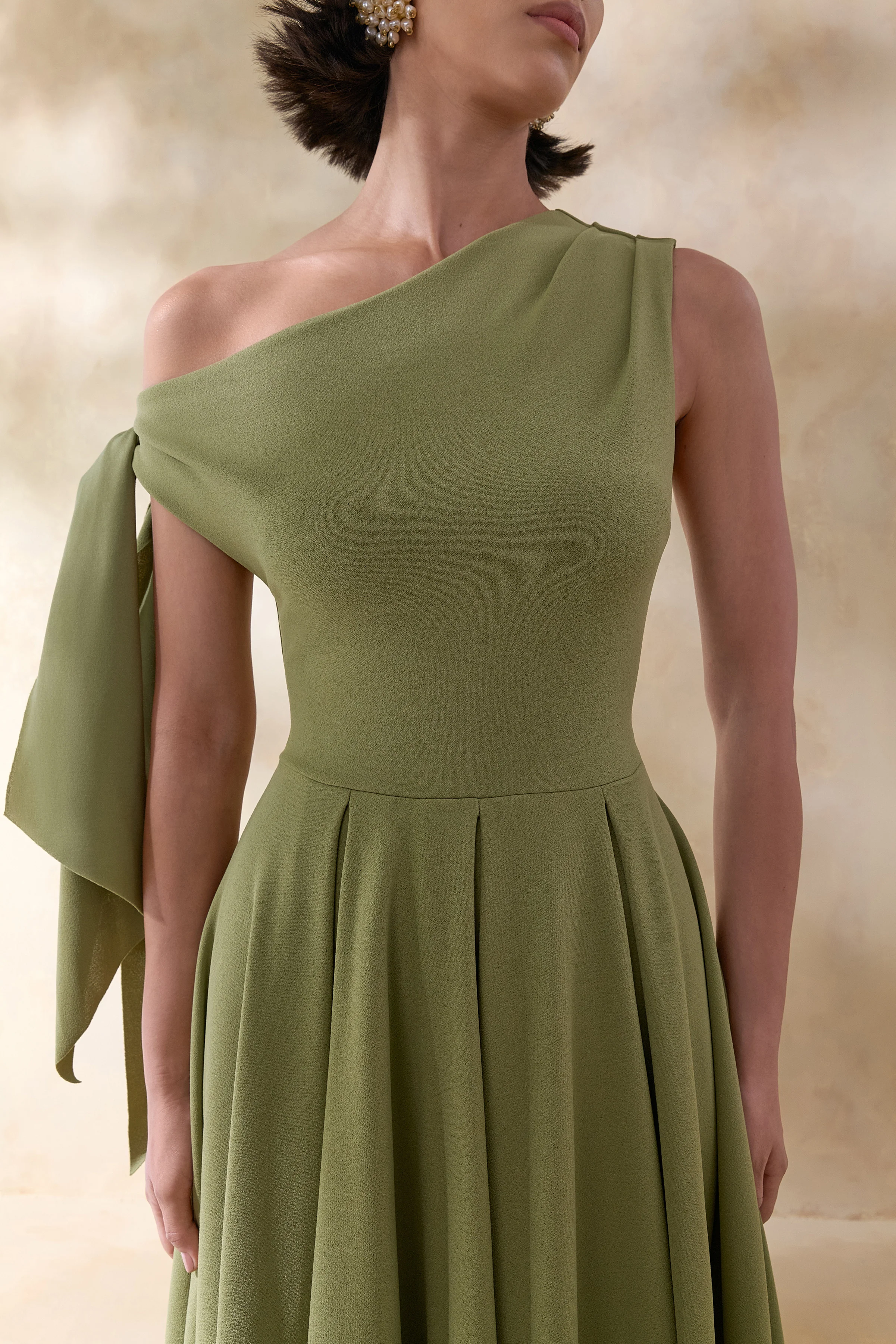 Daring | Olive Asymmetric-Neck Midi Dress With Knot-Detail - Image 3