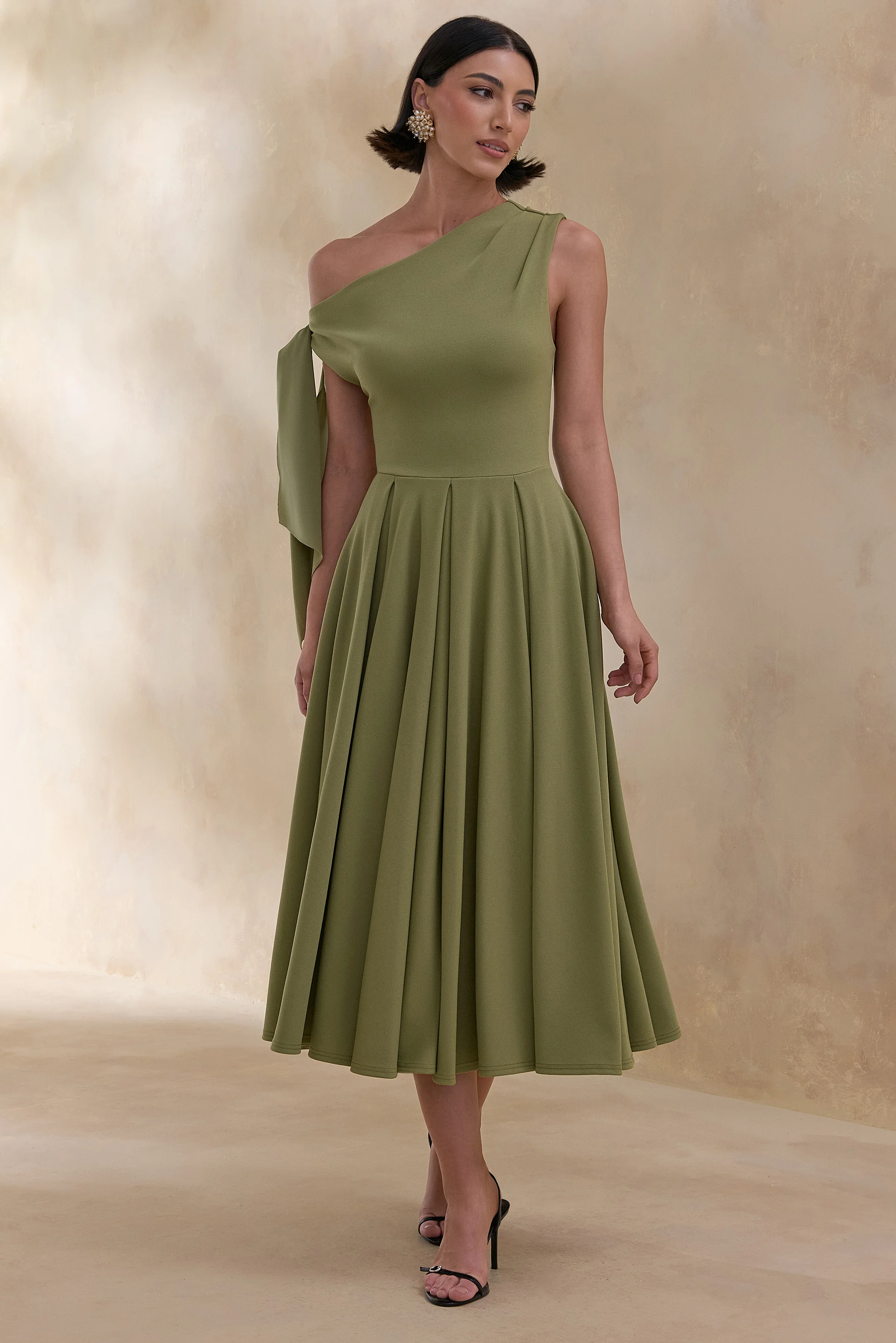 Daring | Olive Asymmetric-Neck Midi Dress With Knot-Detail - Image 4