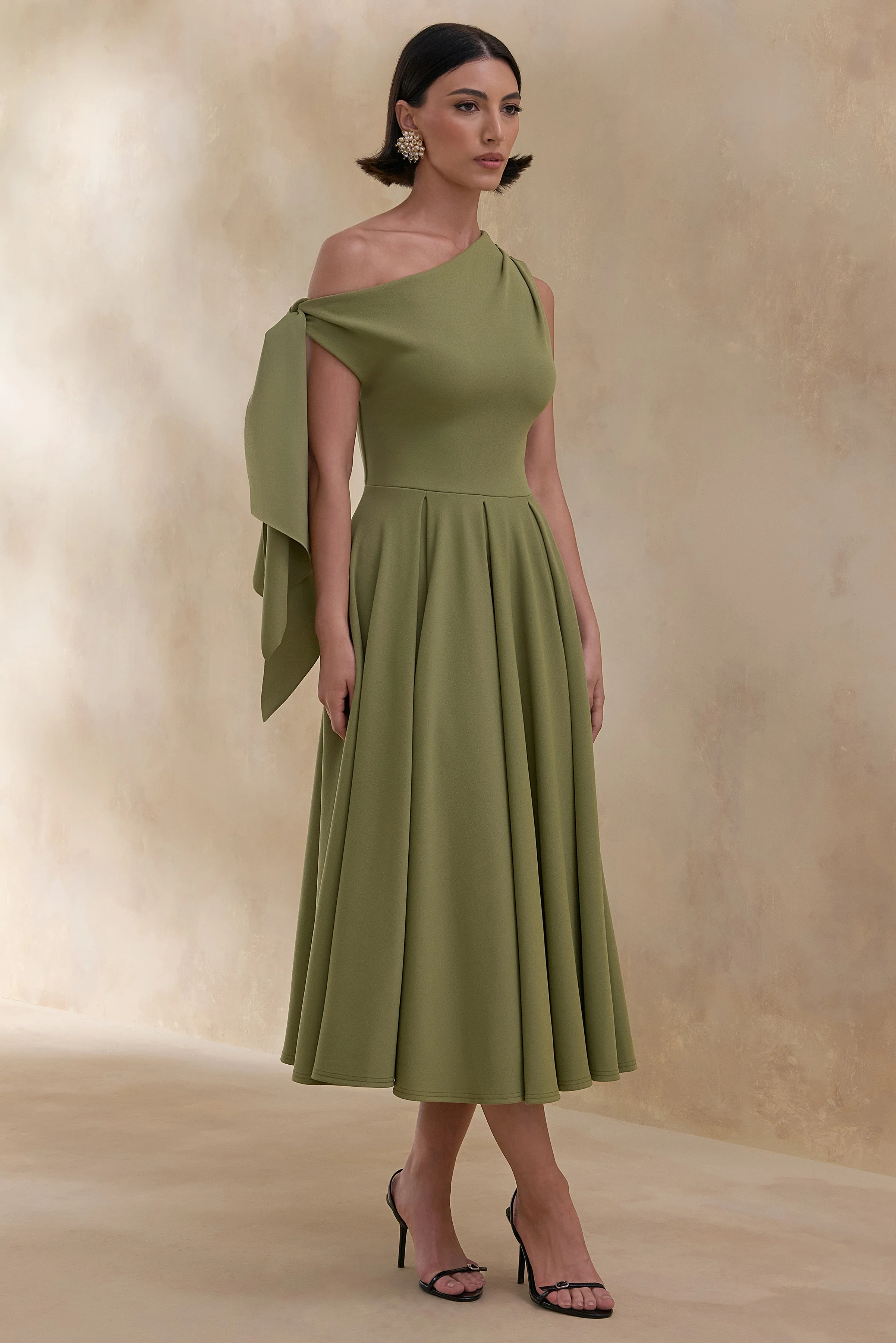 Daring | Olive Asymmetric-Neck Midi Dress With Knot-Detail - Image 6