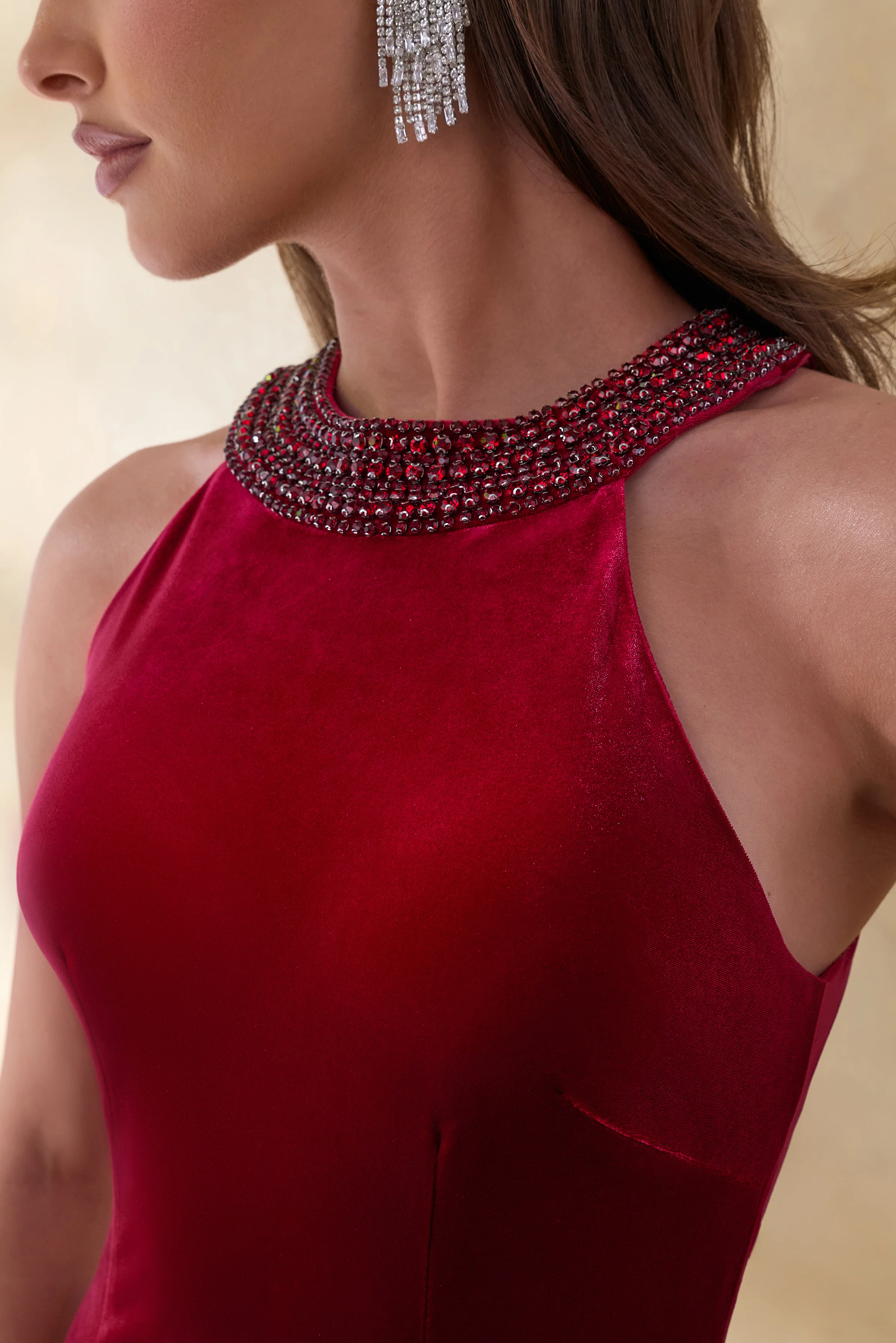 Darya | Burgundy Velvet Embellished High-Neck Maxi Dress - Image 5