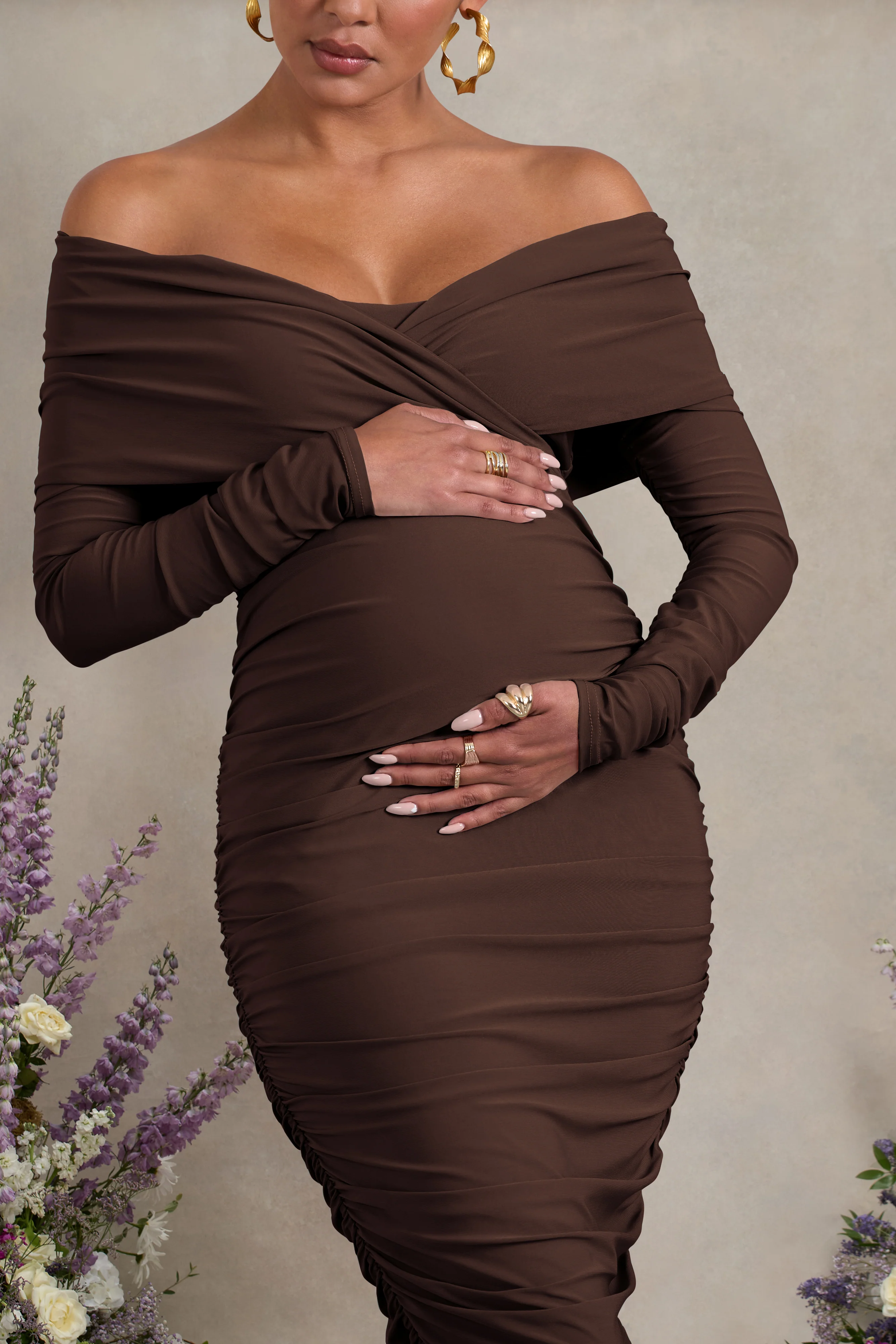 Davina | Brown Ruched Twist Bardot Maternity Midi Dress - Image 3