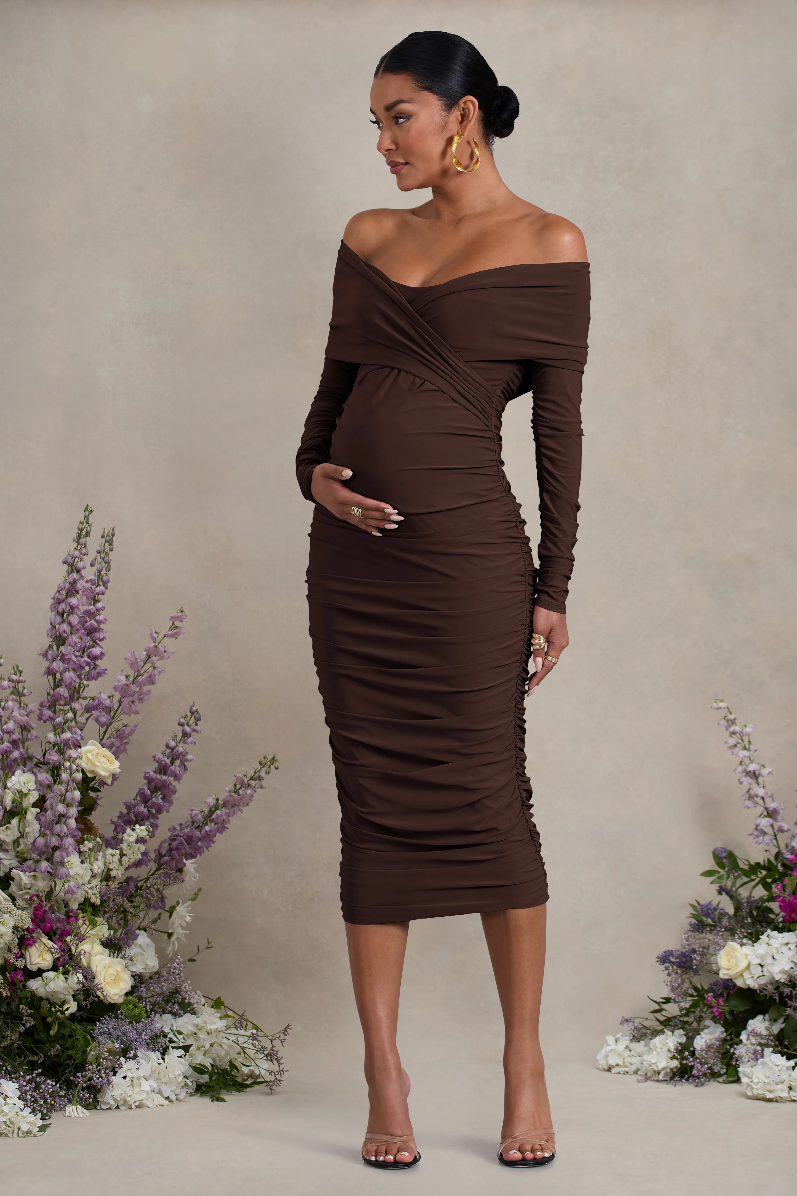 Davina | Brown Ruched Twist Bardot Maternity Midi Dress - Image 5