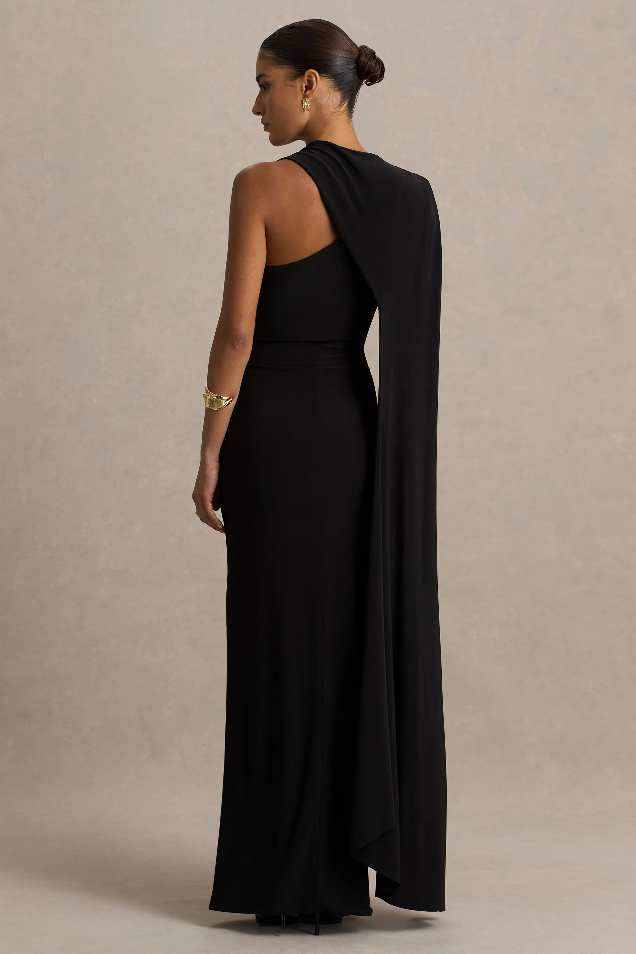 Dawn | Black High-Neck Maxi Dress With One Long Cape-Sleeve - Image 2