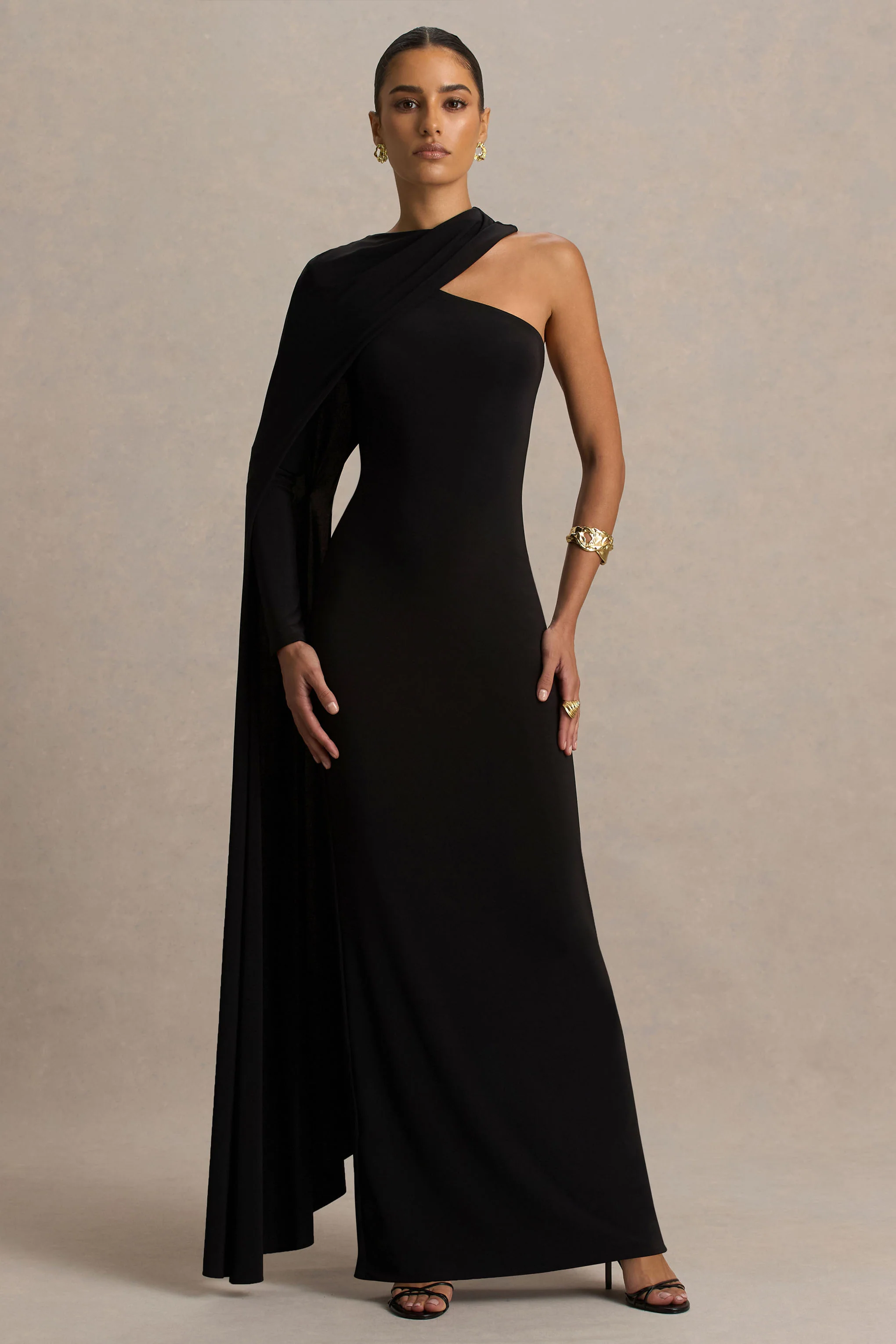Dawn | Black High-Neck Maxi Dress With One Long Cape-Sleeve - Image 3