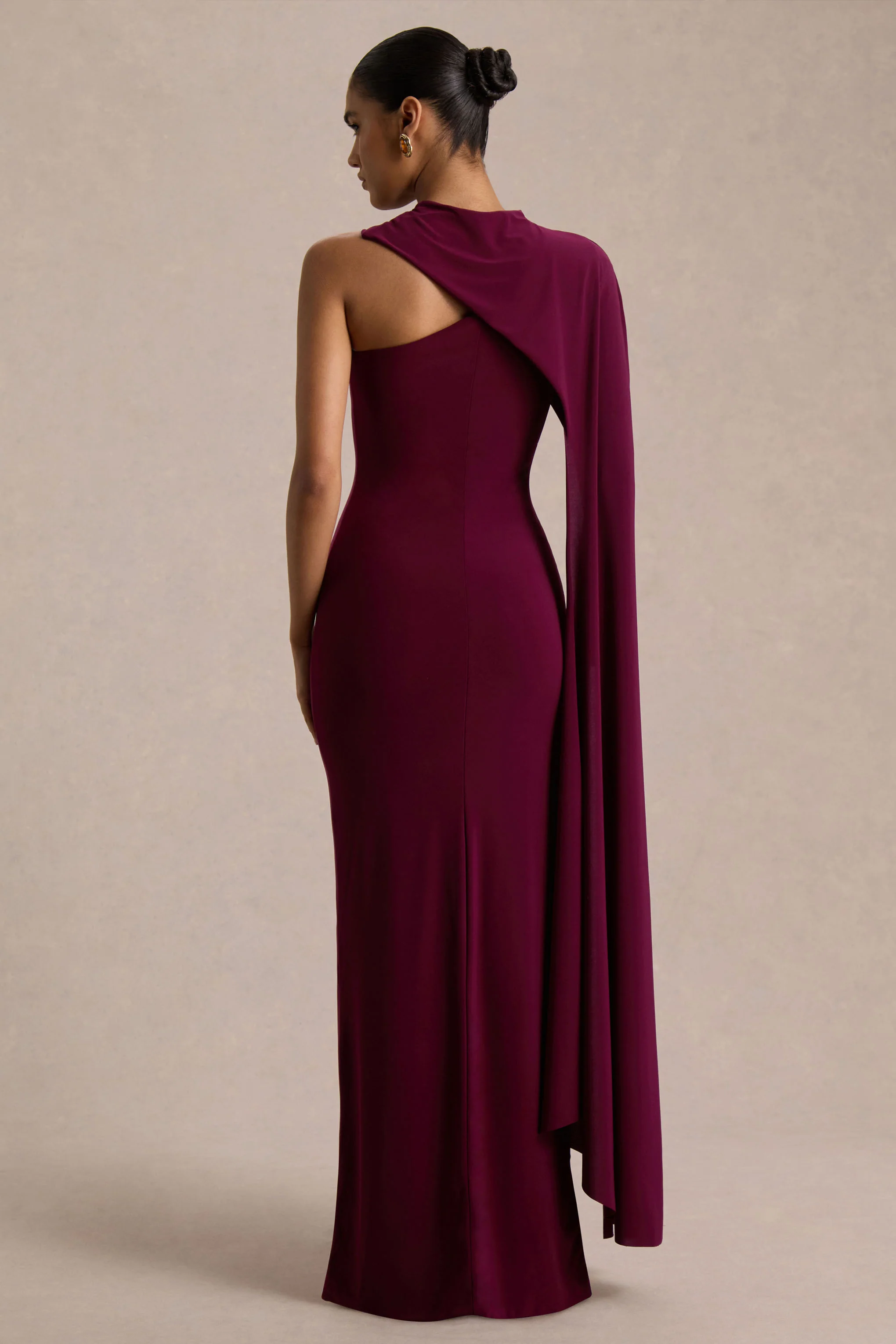 Dawn | Burgundy Asymmetric-Neck Maxi Dress With One Long-Sleeve And Cape - Image 2
