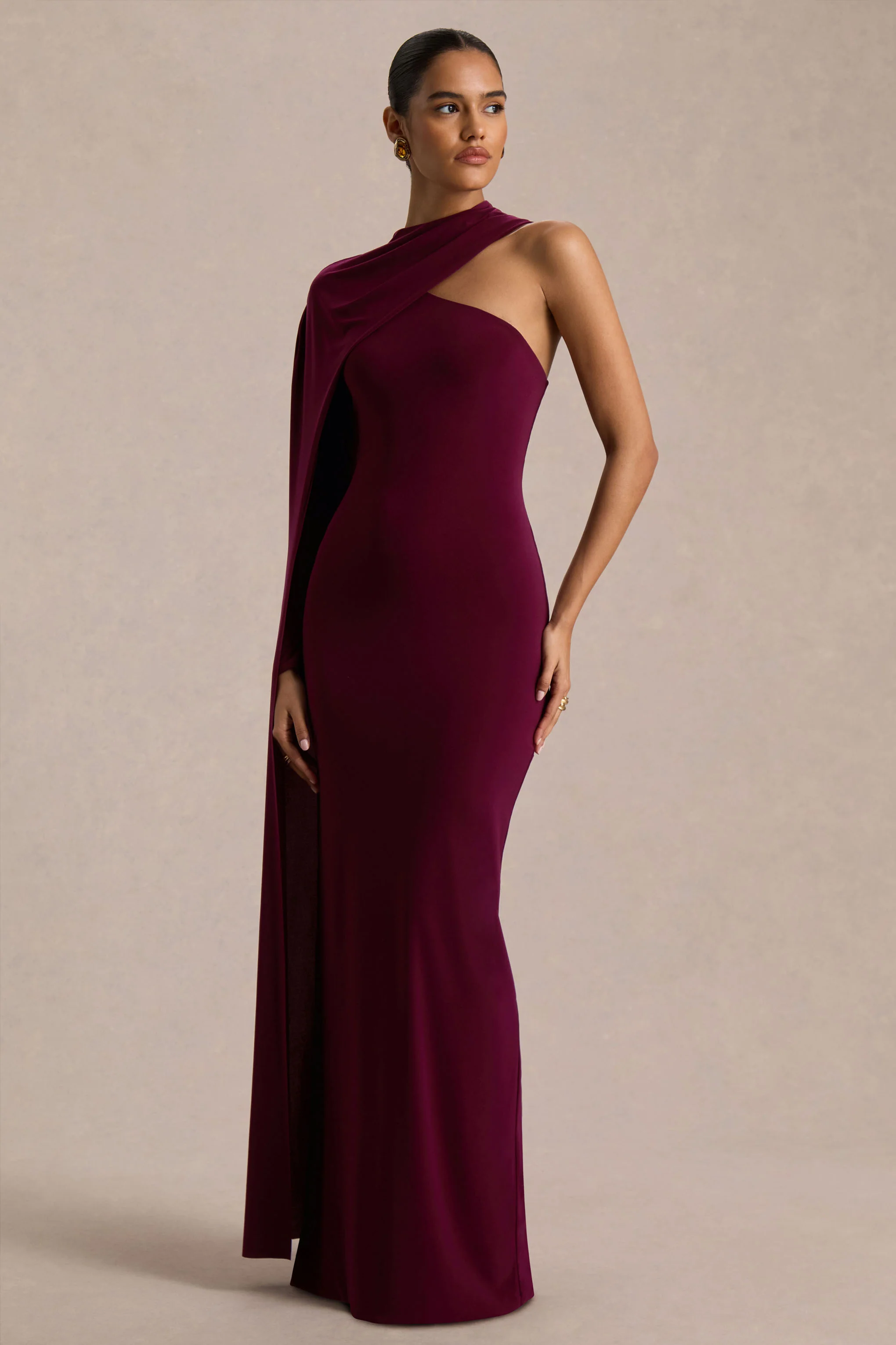 Dawn | Burgundy Asymmetric-Neck Maxi Dress With One Long-Sleeve And Cape - Image 4