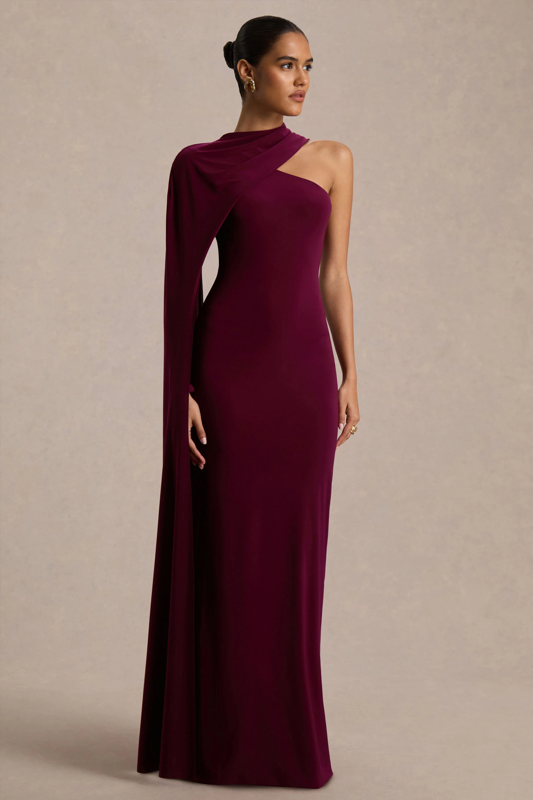 Dawn | Burgundy Asymmetric-Neck Maxi Dress With One Long-Sleeve And Cape - Image 5