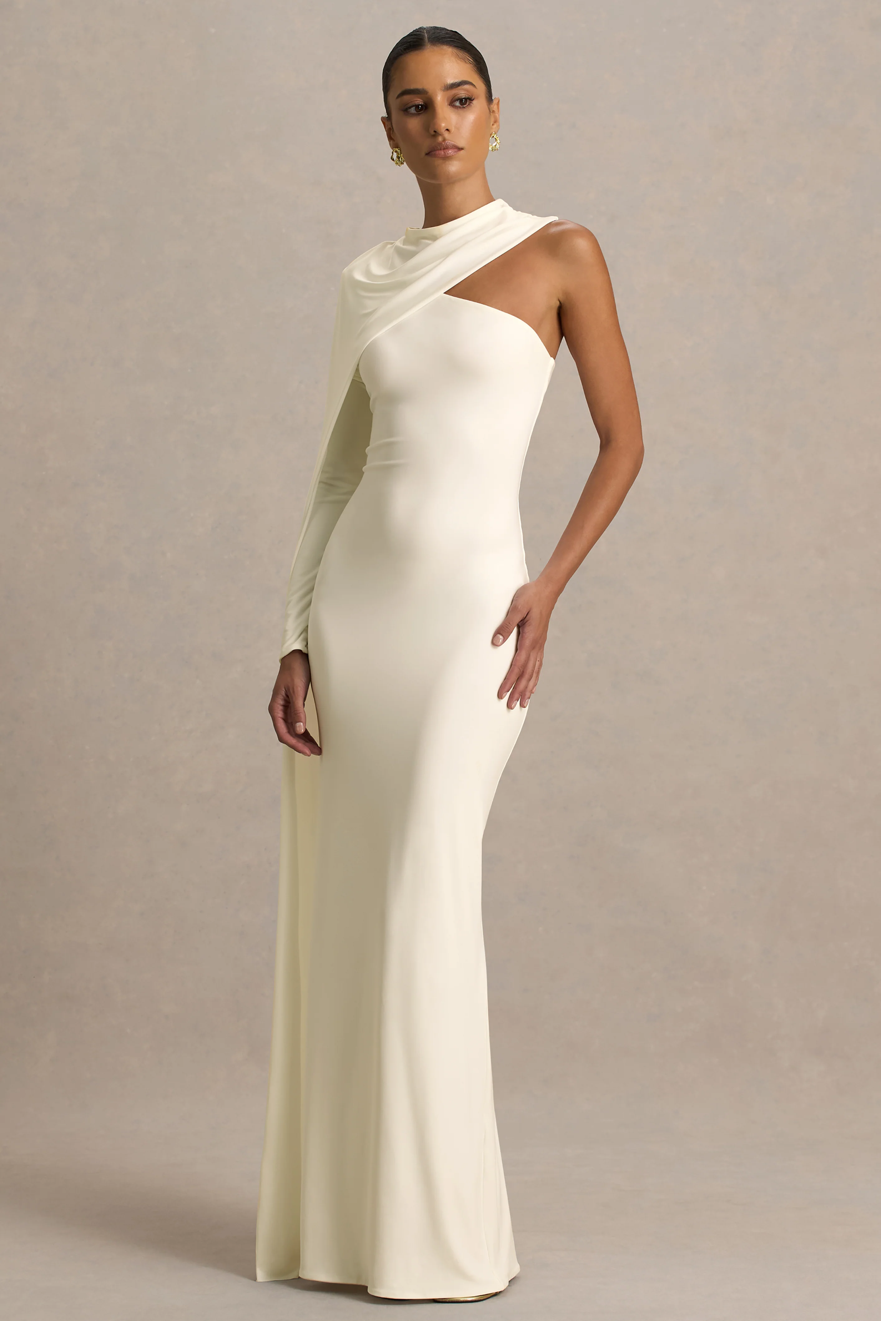Dawn | Cream High-Neck Maxi Dress With One Long Cape-Sleeve - Image 3