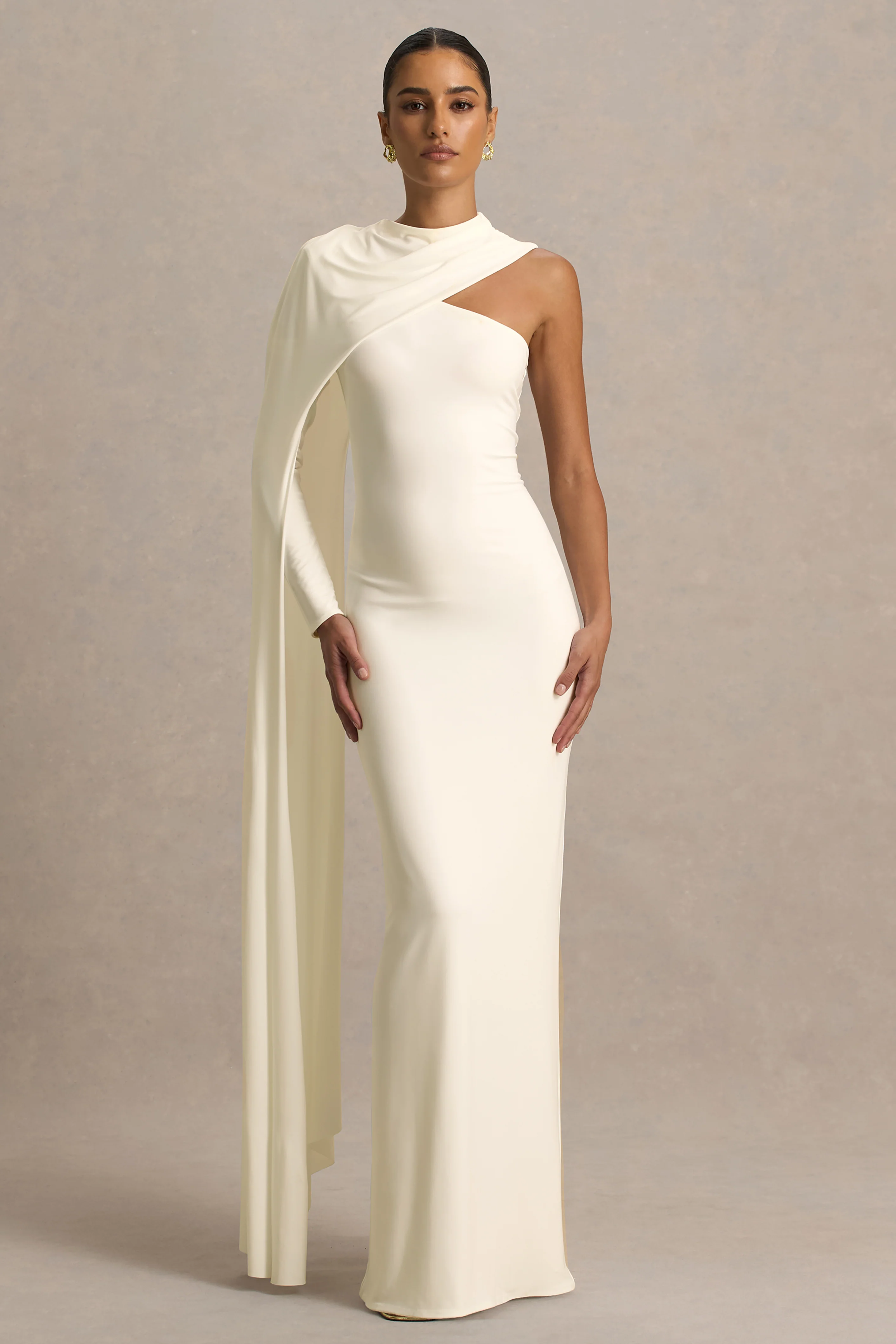 Dawn | Cream High-Neck Maxi Dress With One Long Cape-Sleeve - Image 5