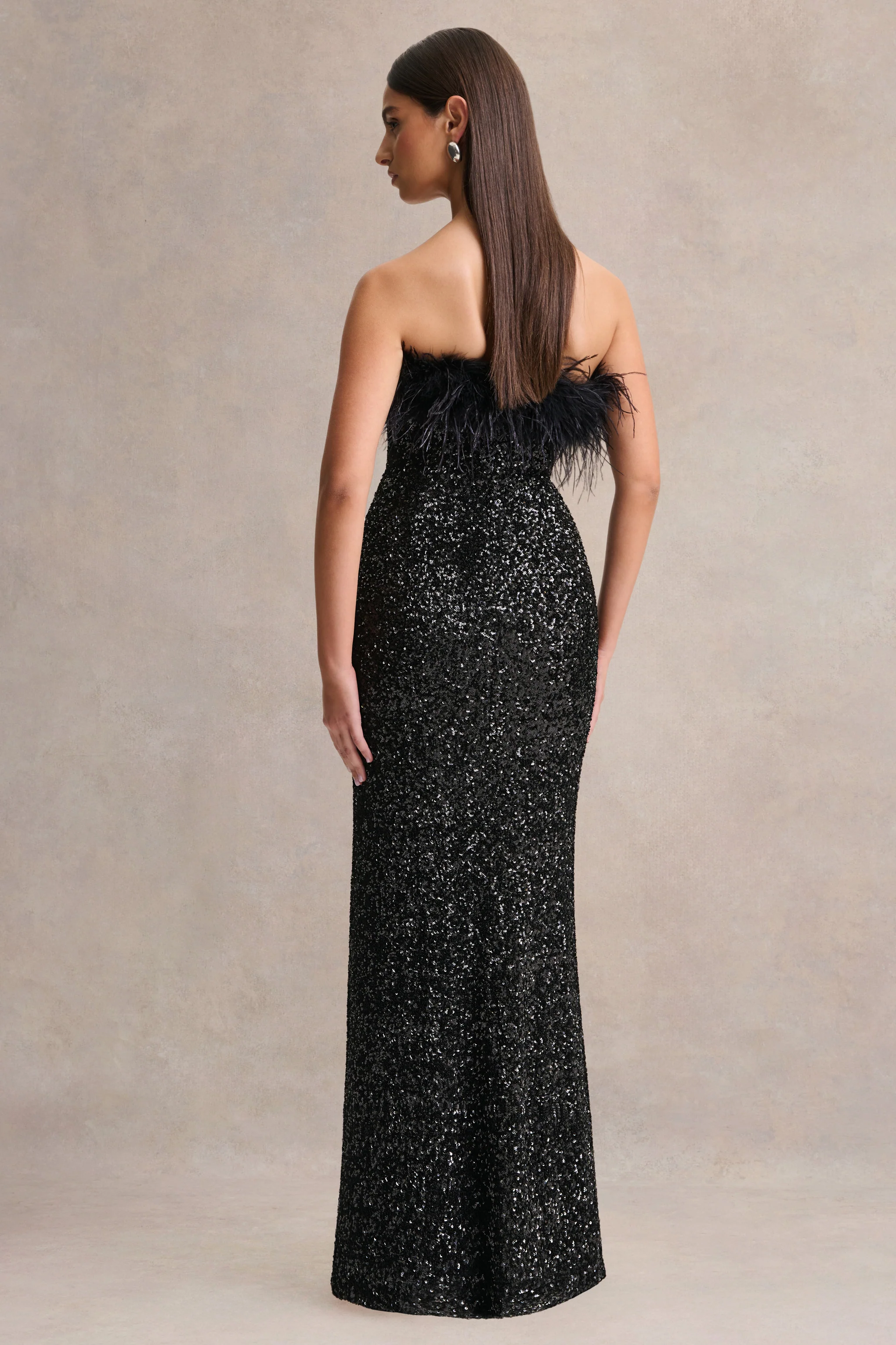 Daze | Black Sequin Bandeau Maxi Dress With Feather-Trim - Image 2